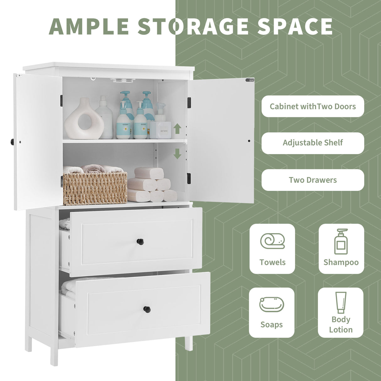 Bathroom Storage Cabinet, Cabinet with Two Doors and Drawers, Adjustable Shelf, MDF Board, White - V.I.P Digital Presence