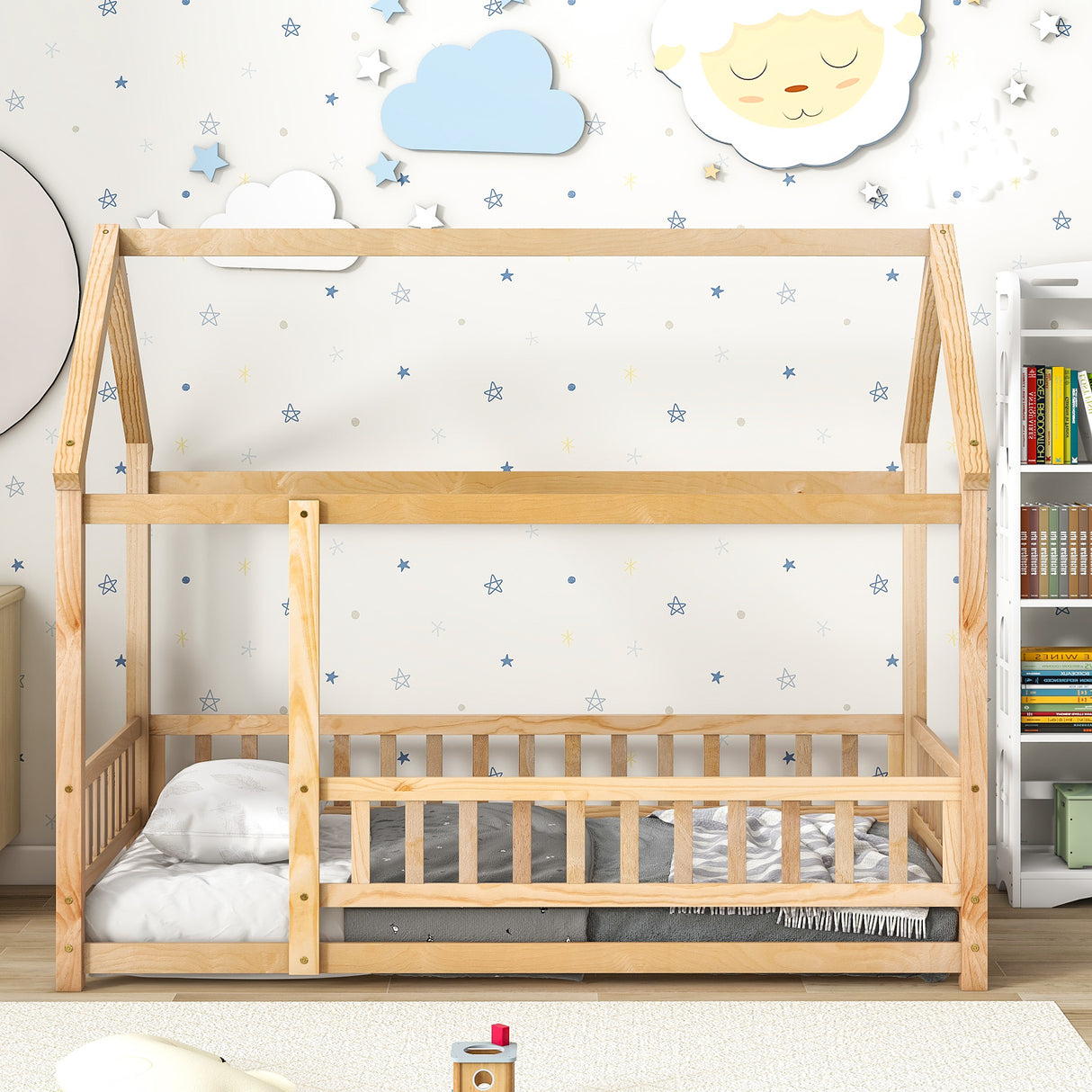 Twin Size Floor Wooden Bed with House Roof Frame, Fence Guardrails - V.I.P Digital Presence