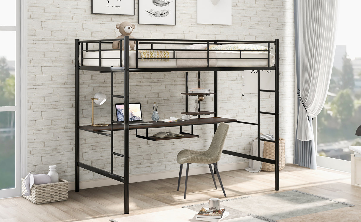 Loft Bed with Desk and Shelf Space Saving Design Full Black