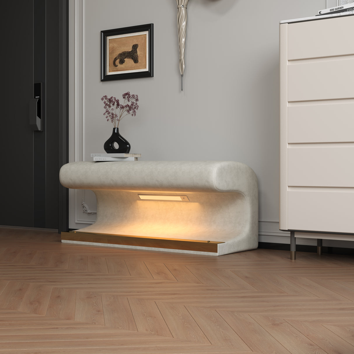 Entryway Bench Leather Upholstered Ottoman with LED sensor light for living room ,bedroom,end of bed ,Beige - V.I.P Digital Presence