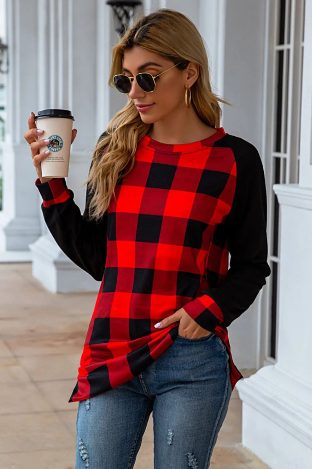 Plaid Round Neck Long Sleeve T-Shirt - V.I.P Digital Presence