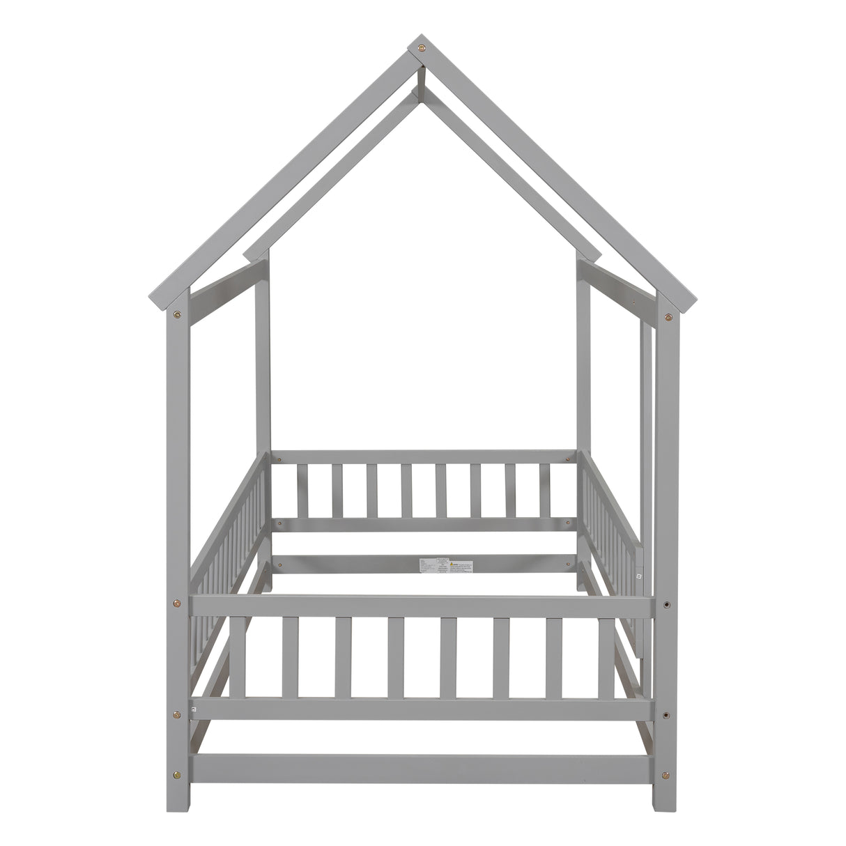 Twin Size Floor Wooden Bed with House Roof Frame, Fence Guardrails,Grey - V.I.P Digital Presence