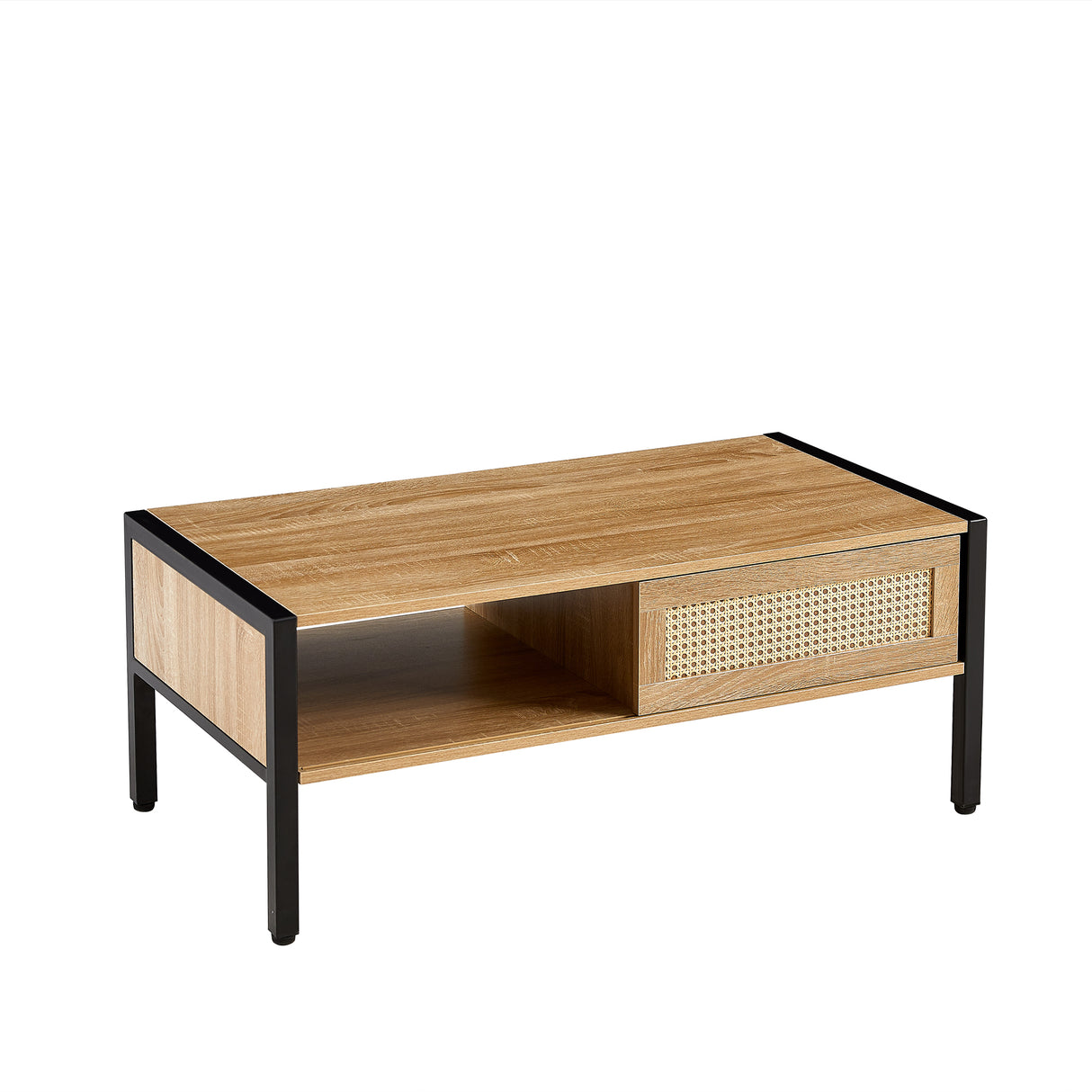 40.16" Rattan Coffee table, sliding door for storage, metal legs, Modern table for living room , natural - V.I.P Digital Presence