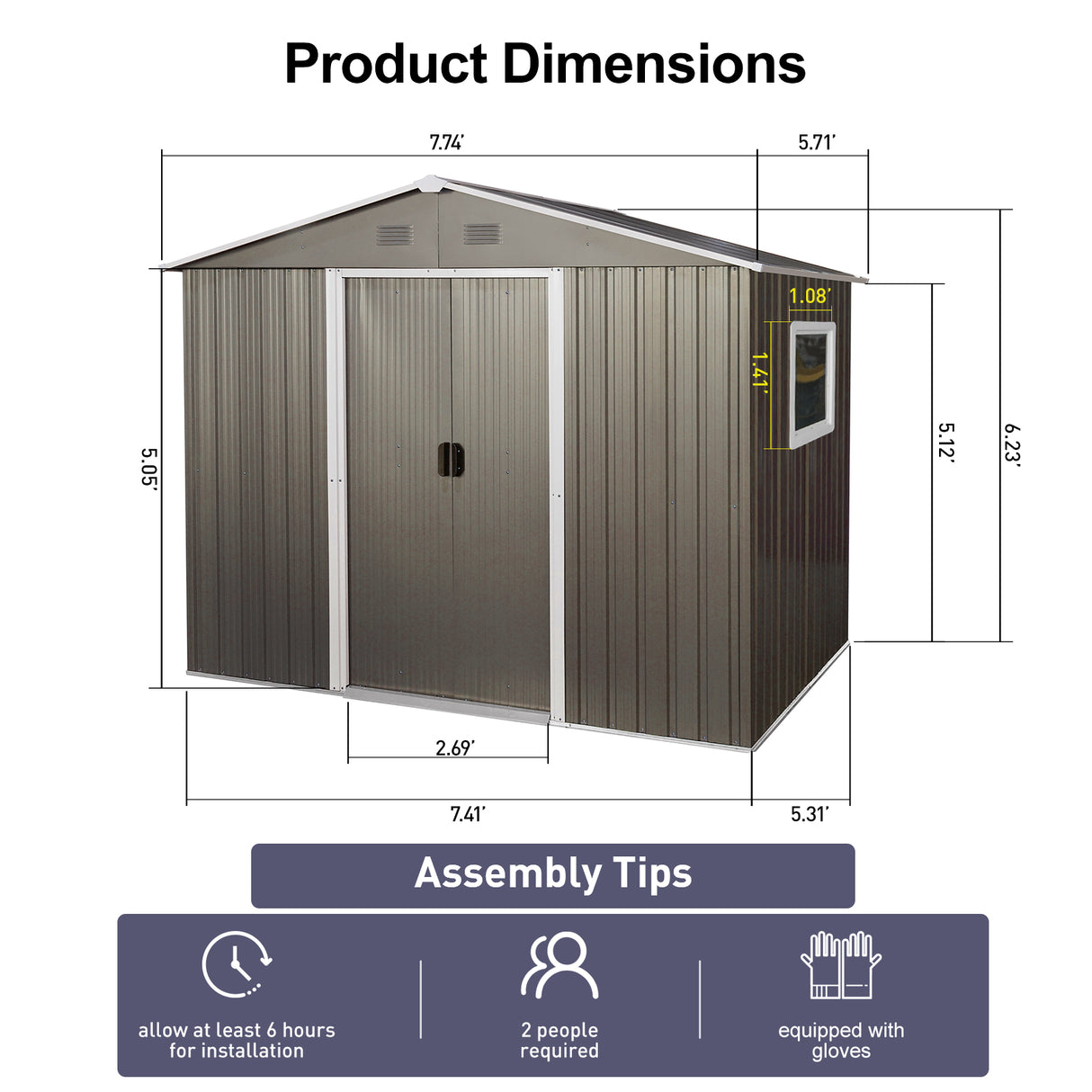 8ft x 6ft Outdoor Metal Storage Shed with Window Grey(W540S00016) - V.I.P Digital Presence