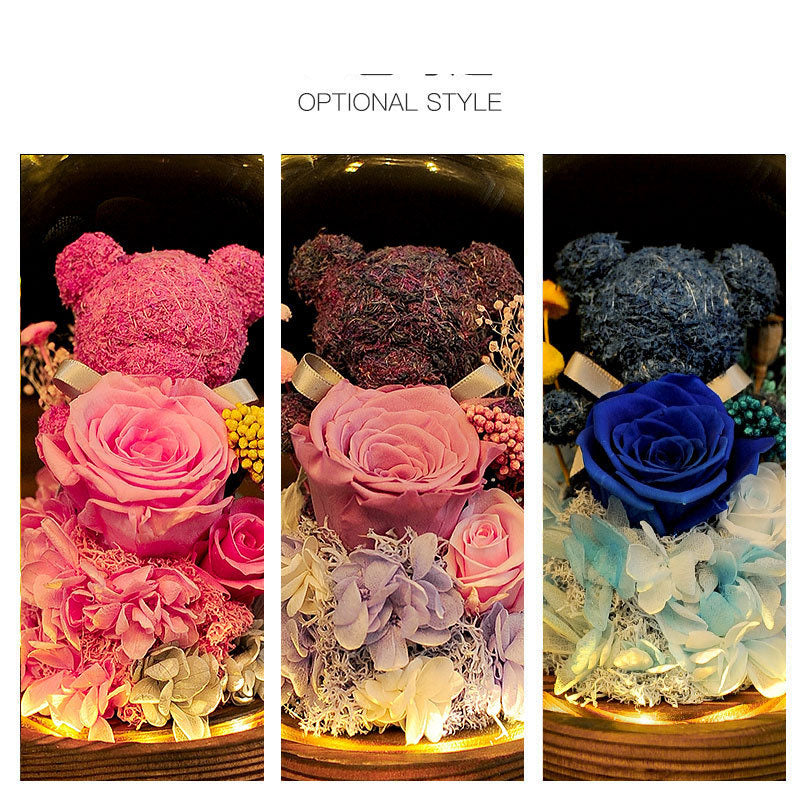 Valentine's Day Gift Everlasting Flower Bear Moss Glass Cover Finished Gift Box for Girlfriend Birthday Ornament Dried Flowers Roses - V.I.P Digital Presence