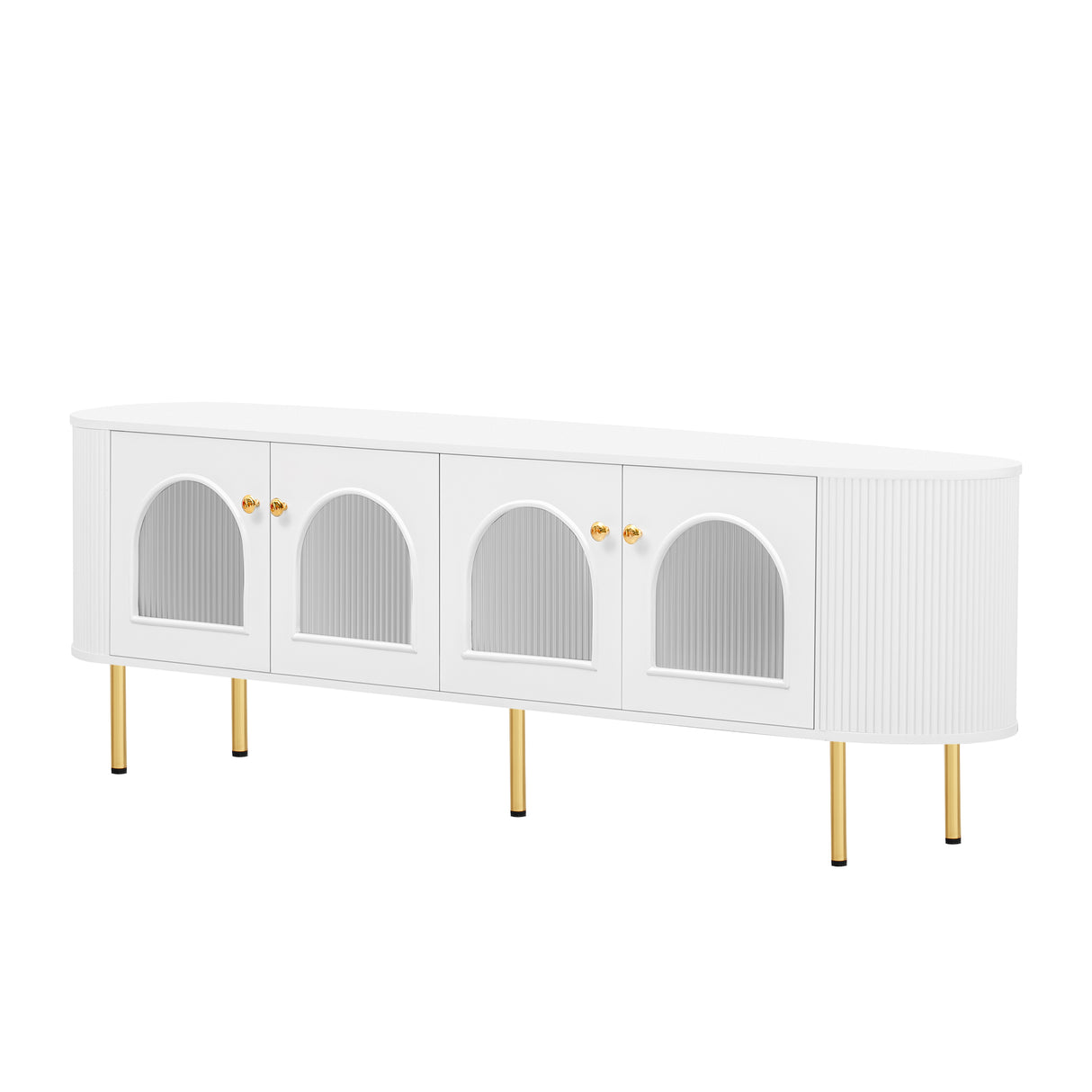 U-Can Modern TV Stand for TVs up to 80 Inches, Entertainment Center with 4 Cabinets, Wood with Metal Legs and Handles White - V.I.P Digital Presence