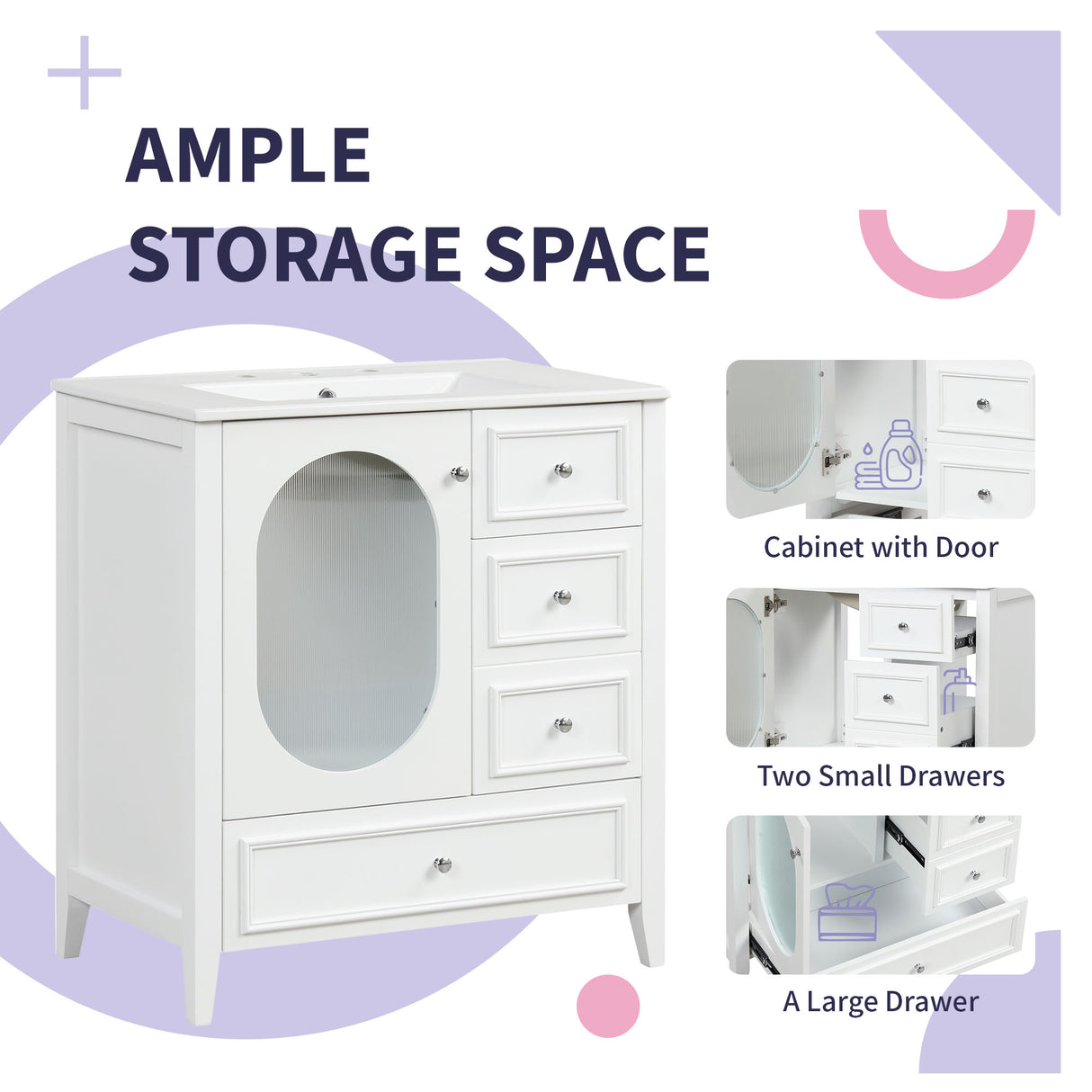 30" Bathroom Vanity with Sink, Bathroom Vanity Cabinet with Three Drawers and Door, Solid Wood and MDF, White - V.I.P Digital Presence