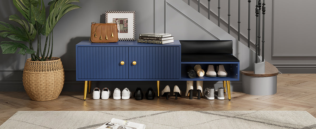 Modern Shoe Storage Bench with Hidden Storage and Upholstered Cushions for Bedside, Living Room and Entryway (Navy) - V.I.P Digital Presence