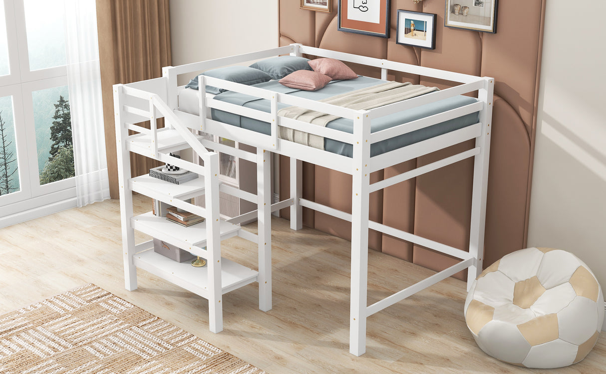 Full Size Loft Bed with Built-in Storage Staircase and Hanger for Clothes White