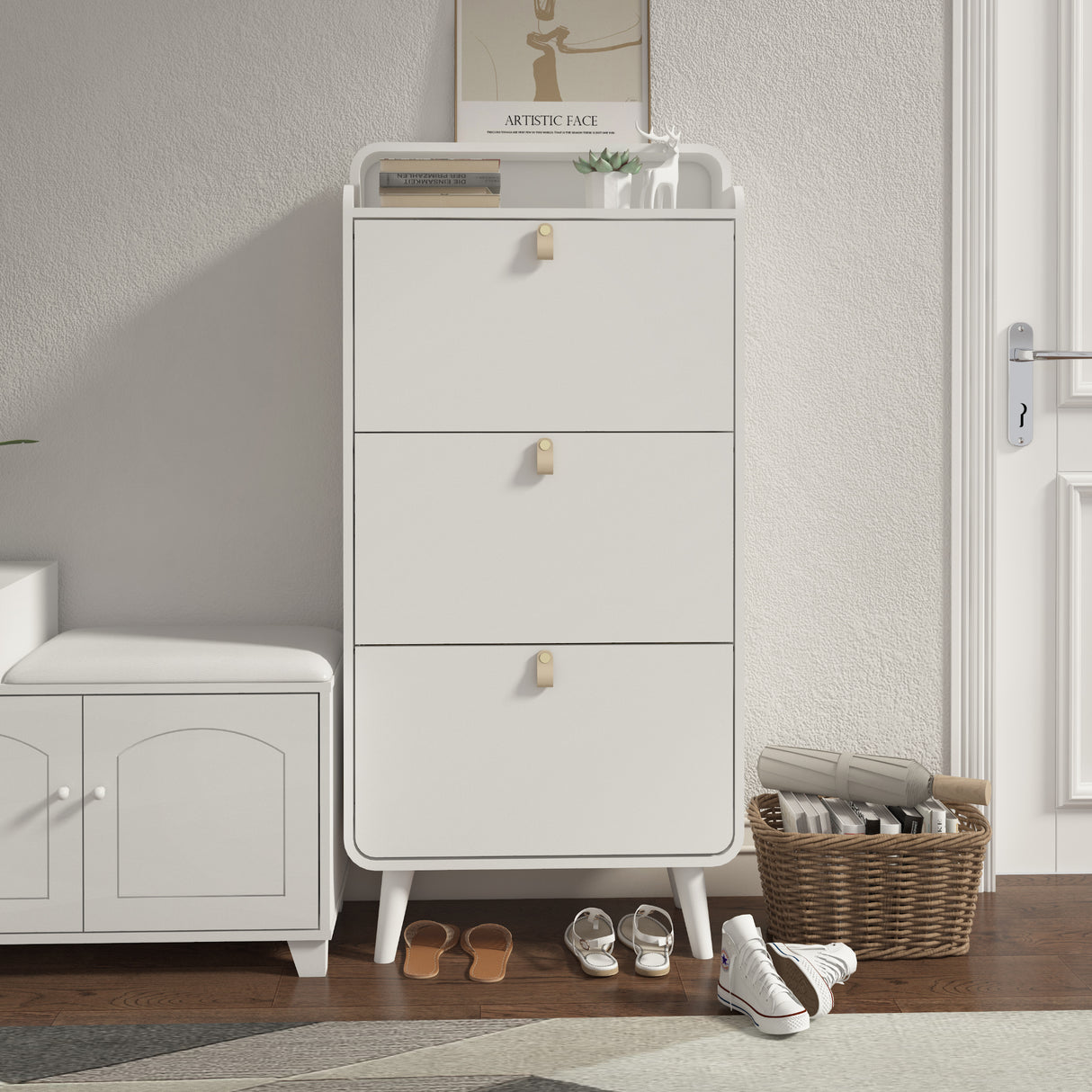Modern Arc Design Shoe Cabinet With 3 Drawers,Shoe Storage Cabinet for Entryway,Outdoor,White Finish - V.I.P Digital Presence