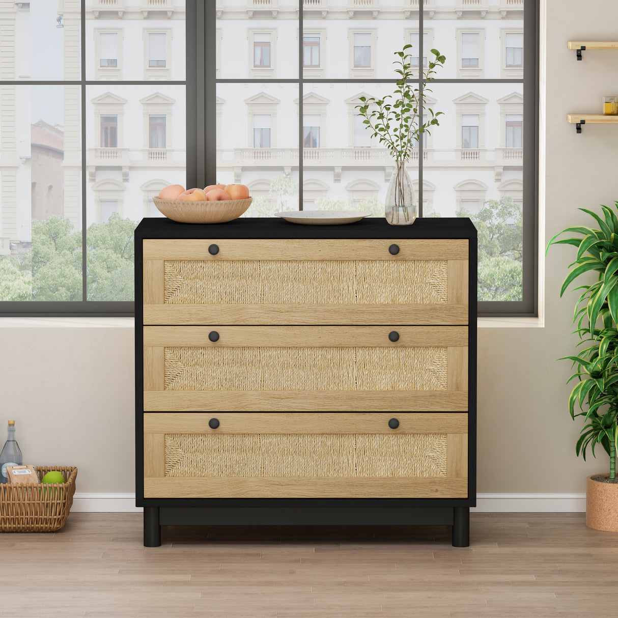 30.31"3-Drawers Storage Cabinet Rope Woven Drawer,for Bedroom,Living Room,Dining Room,Hallways,Black - V.I.P Digital Presence