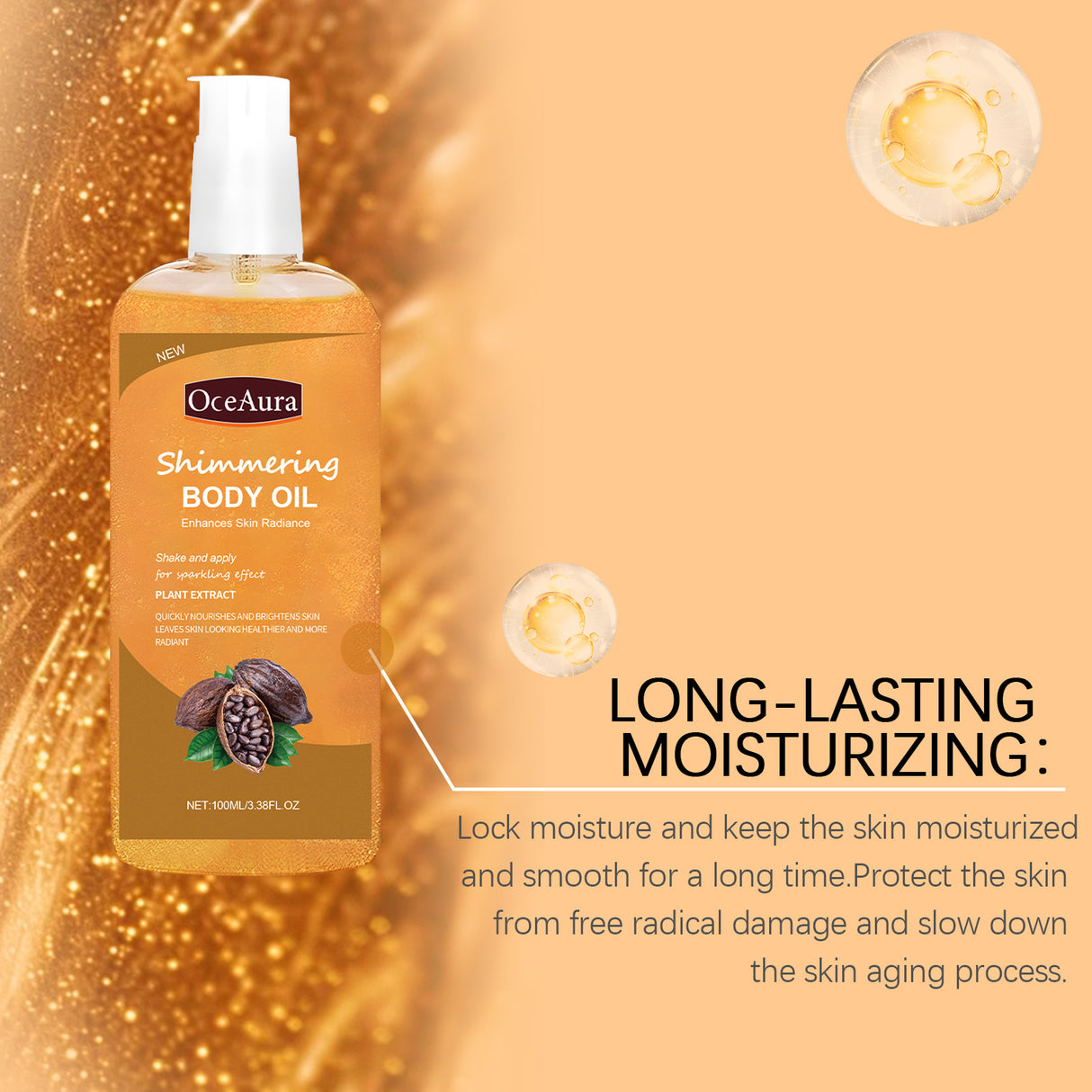 Aceite corporal hidratante brillante que hidrata y nutre el cuerpo. Cuidado diario. Aceite esencial para masaje corporal completo.
