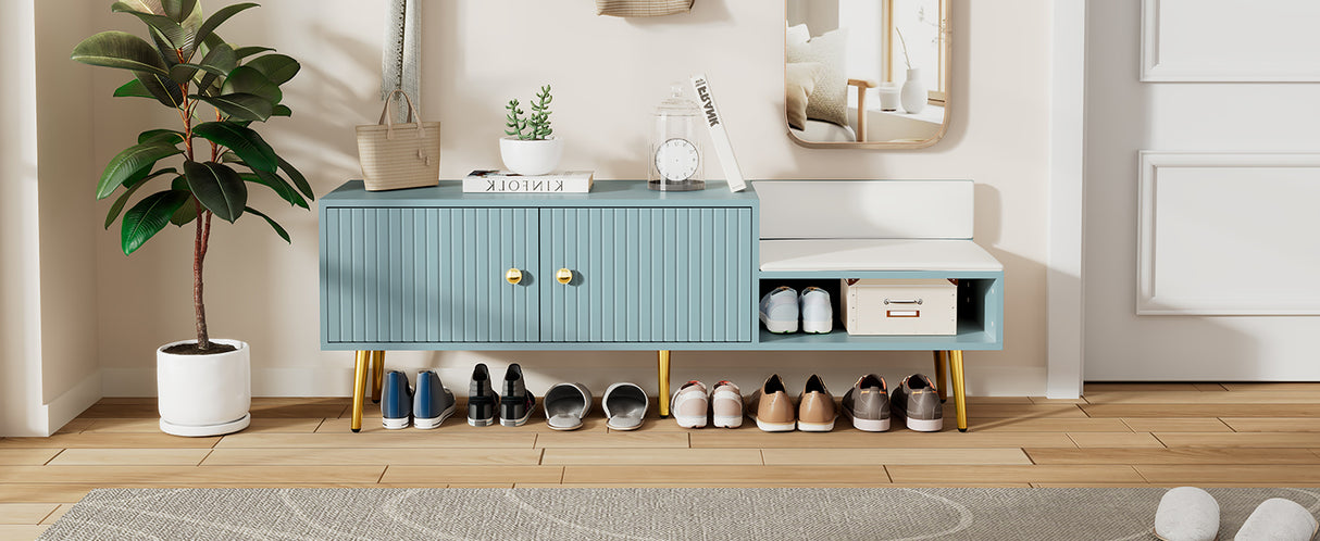 Modern Shoe Storage Bench with Hidden Storage and Upholstered Cushions for Bedside, Living Room and Entryway (Tiffany Blue) - V.I.P Digital Presence