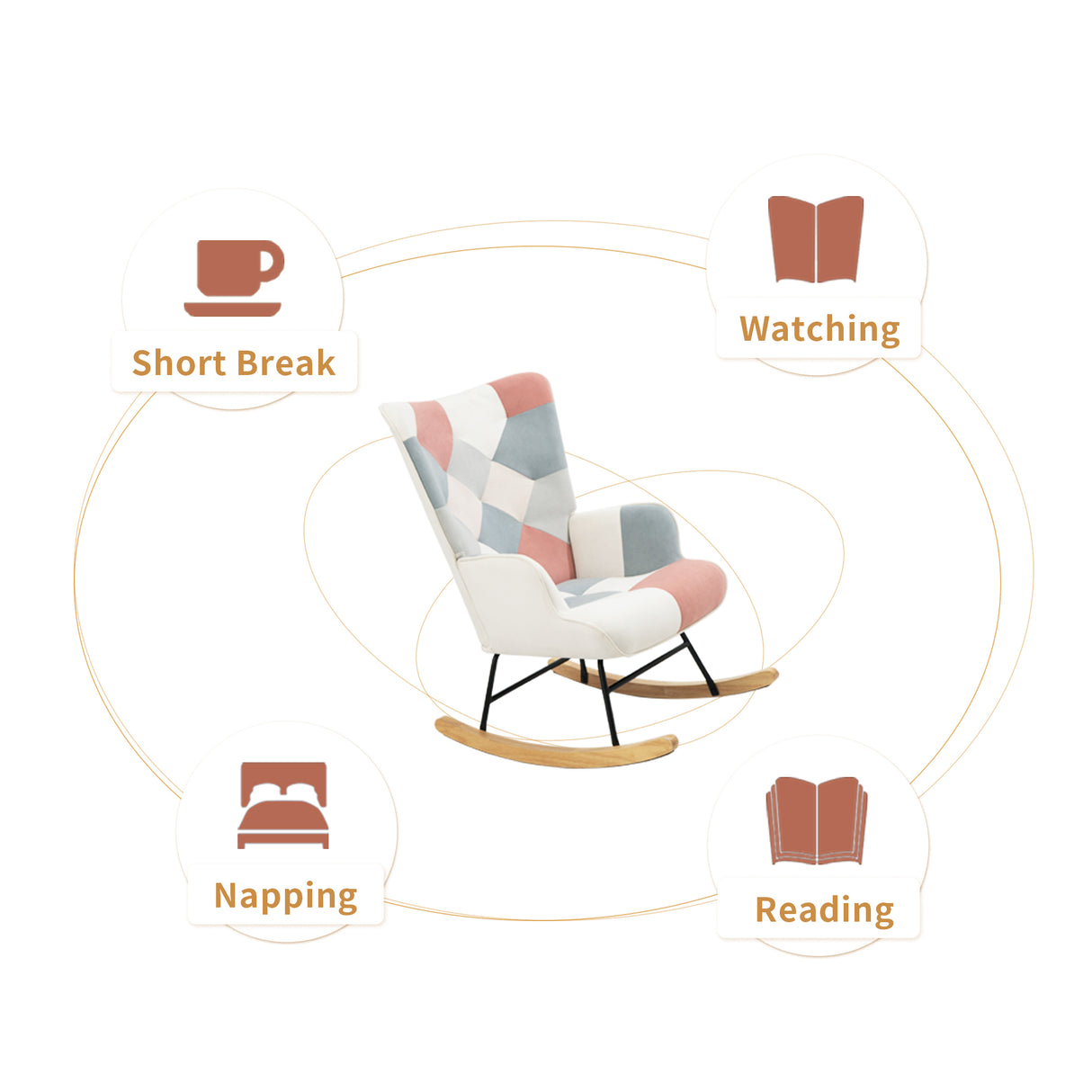 Rocking Chair with ottoman, Mid Century Fabric Rocker Chair with Wood Legs and Patchwork Linen for Livingroom Bedroom - V.I.P Digital Presence