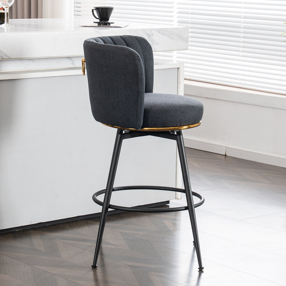 A set of 2 gray rotating bar stools - high backrest, adjustable, with elegant metal backrest decoration - V.I.P Digital Presence