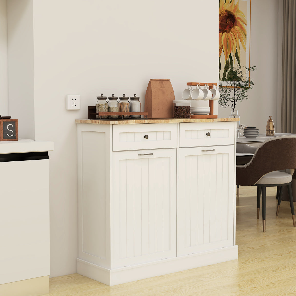 Two Drawers and Two-Compartment Tilt-Out Trash Cabinet Kitchen Trash Cabinet-White - V.I.P Digital Presence