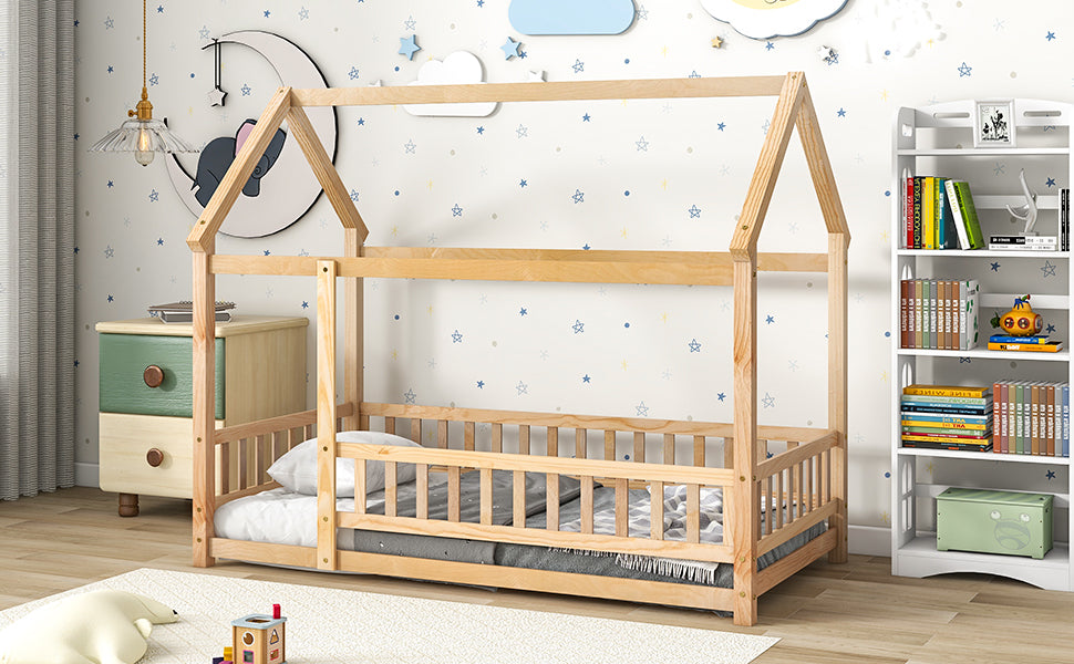 Twin Size Floor Wooden Bed with House Roof Frame, Fence Guardrails - V.I.P Digital Presence