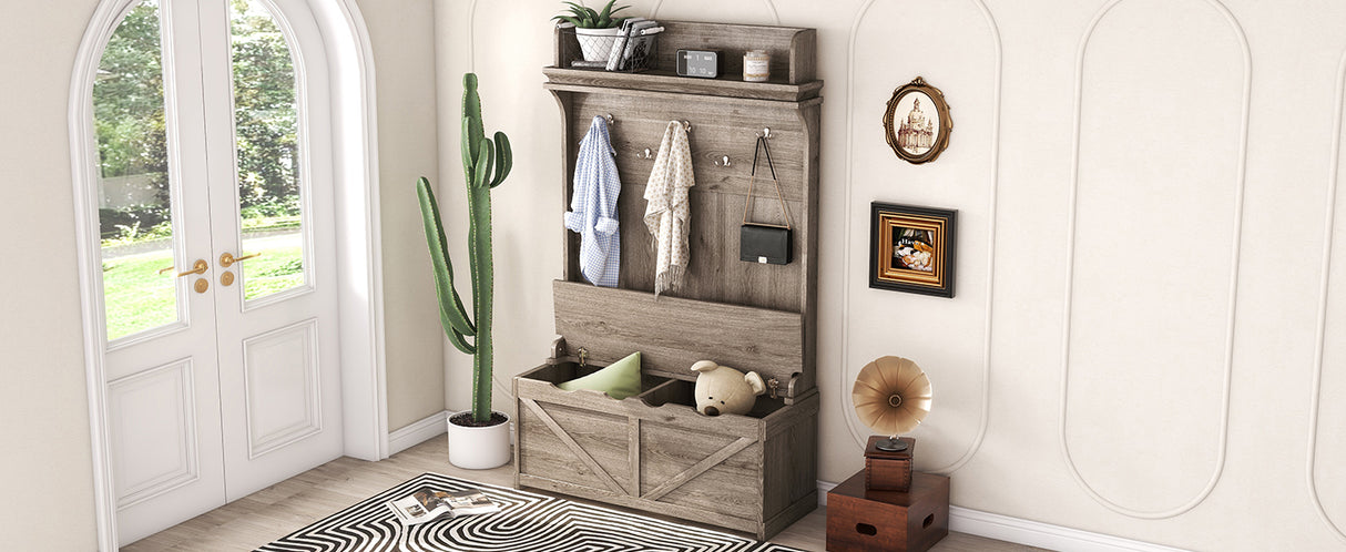 Hall tree with storage desk, entrance desk with drawers and 5 hooks, display rack,Oak - V.I.P Digital Presence