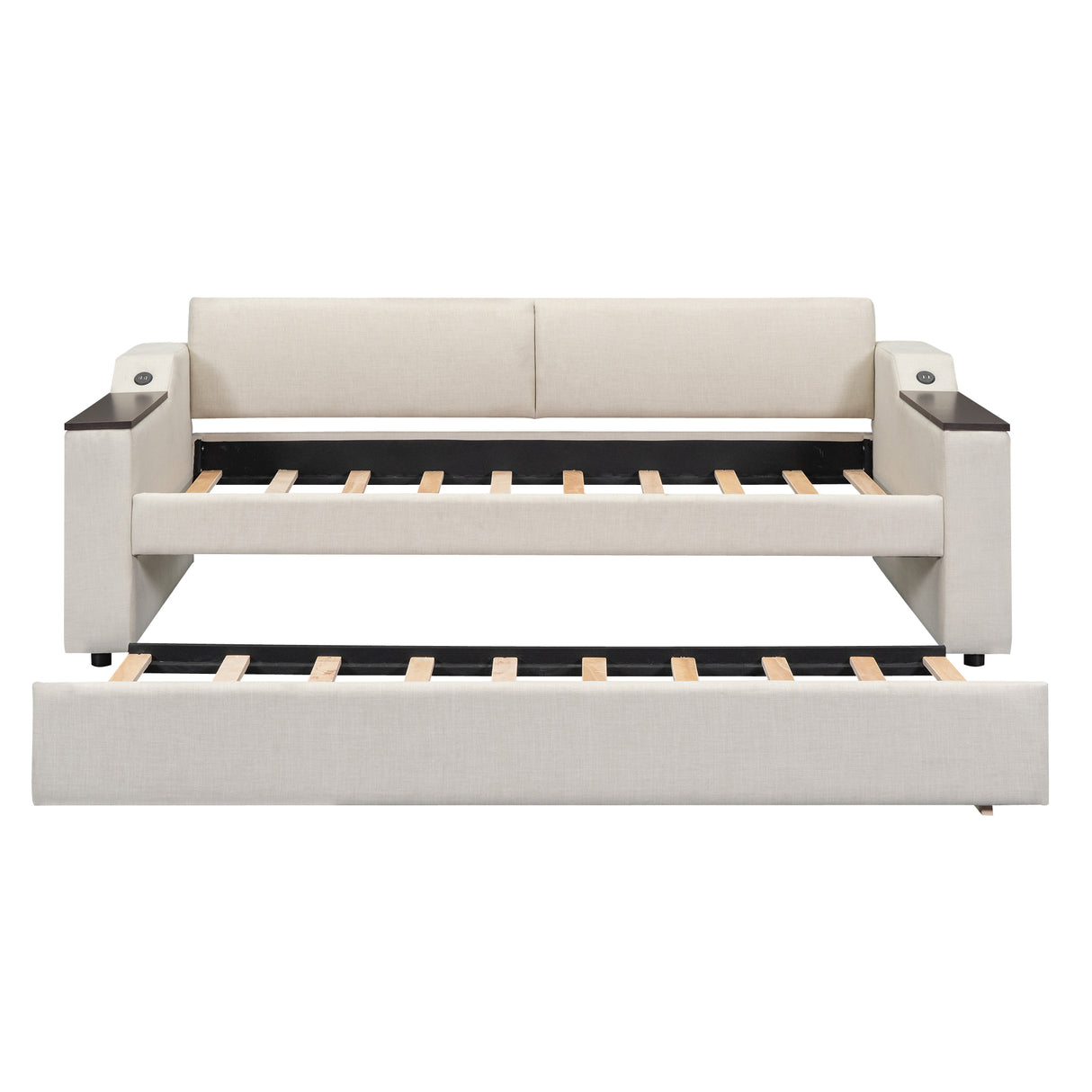 Twin Size Upholstery Daybed with Storage Arms Trundle and USB Design Beige