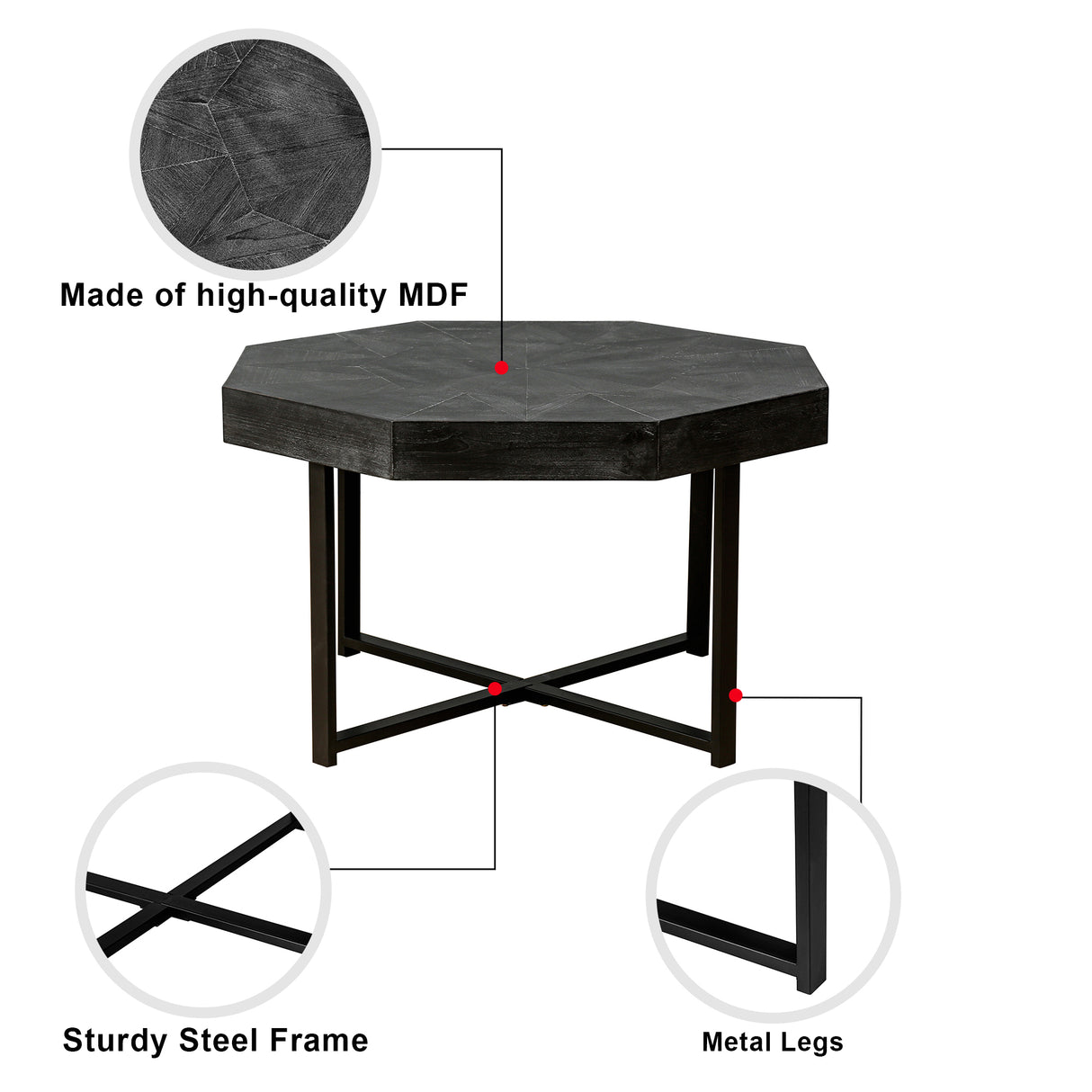 Wooden octagonal retro patchwork craft 30 inch wooden tabletop cross metal leg coffee table (Antique Black) - V.I.P Digital Presence