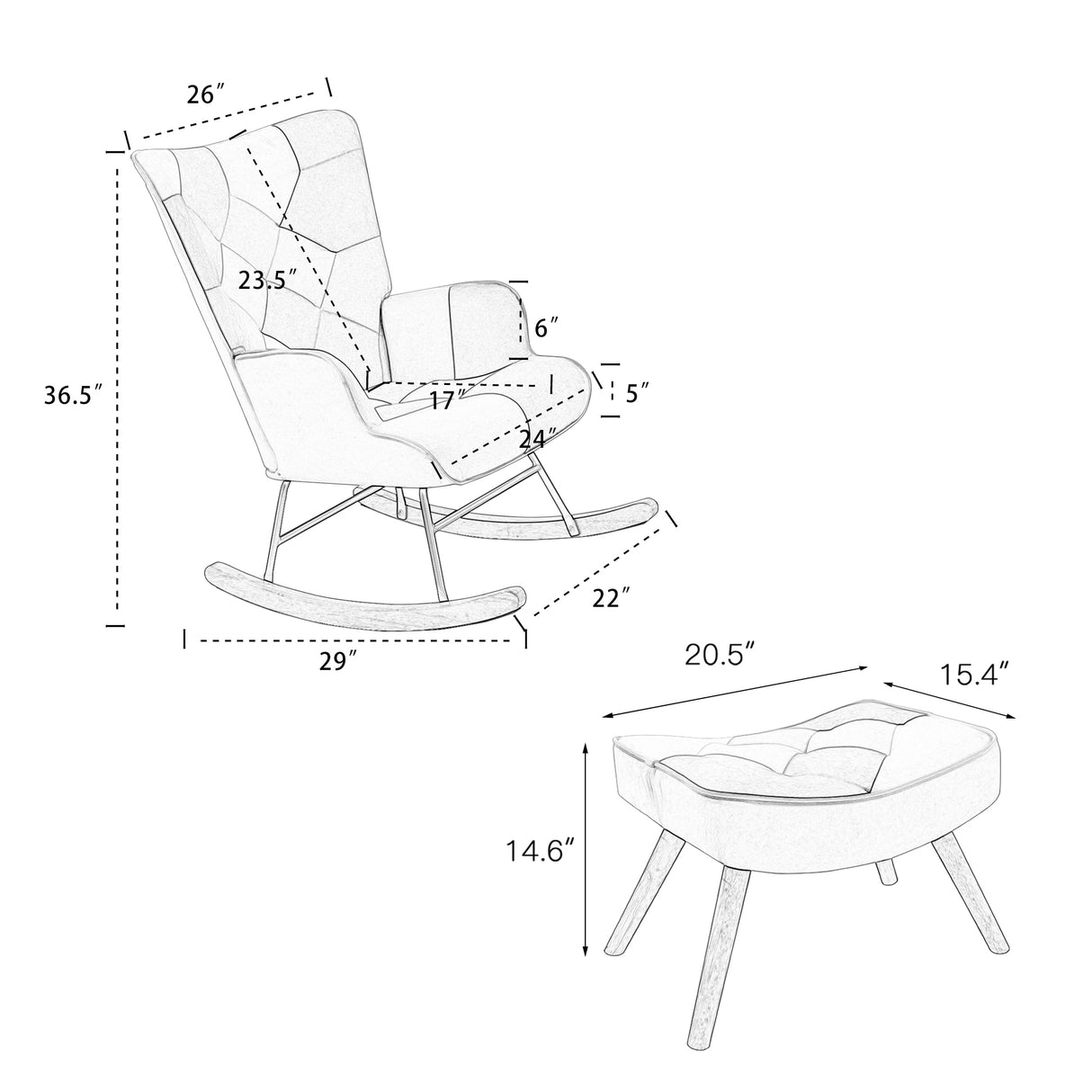Rocking Chair with ottoman, Mid Century Fabric Rocker Chair with Wood Legs and Patchwork Linen for Livingroom Bedroom - V.I.P Digital Presence