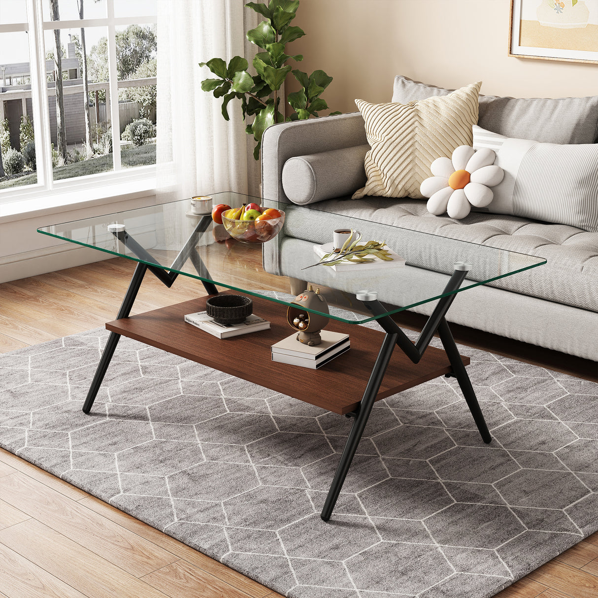 Rectangle Coffee Table with Tempered Glass top and Black Metal Legs, Modern Table for Living Room , Transparent Glass - V.I.P Digital Presence