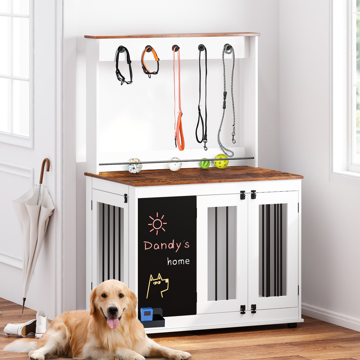 Dog crate,Graffiti dog cage, kennel with double doors, crate interior furniture, heavy wooden dog cage, large dog, white - V.I.P Digital Presence