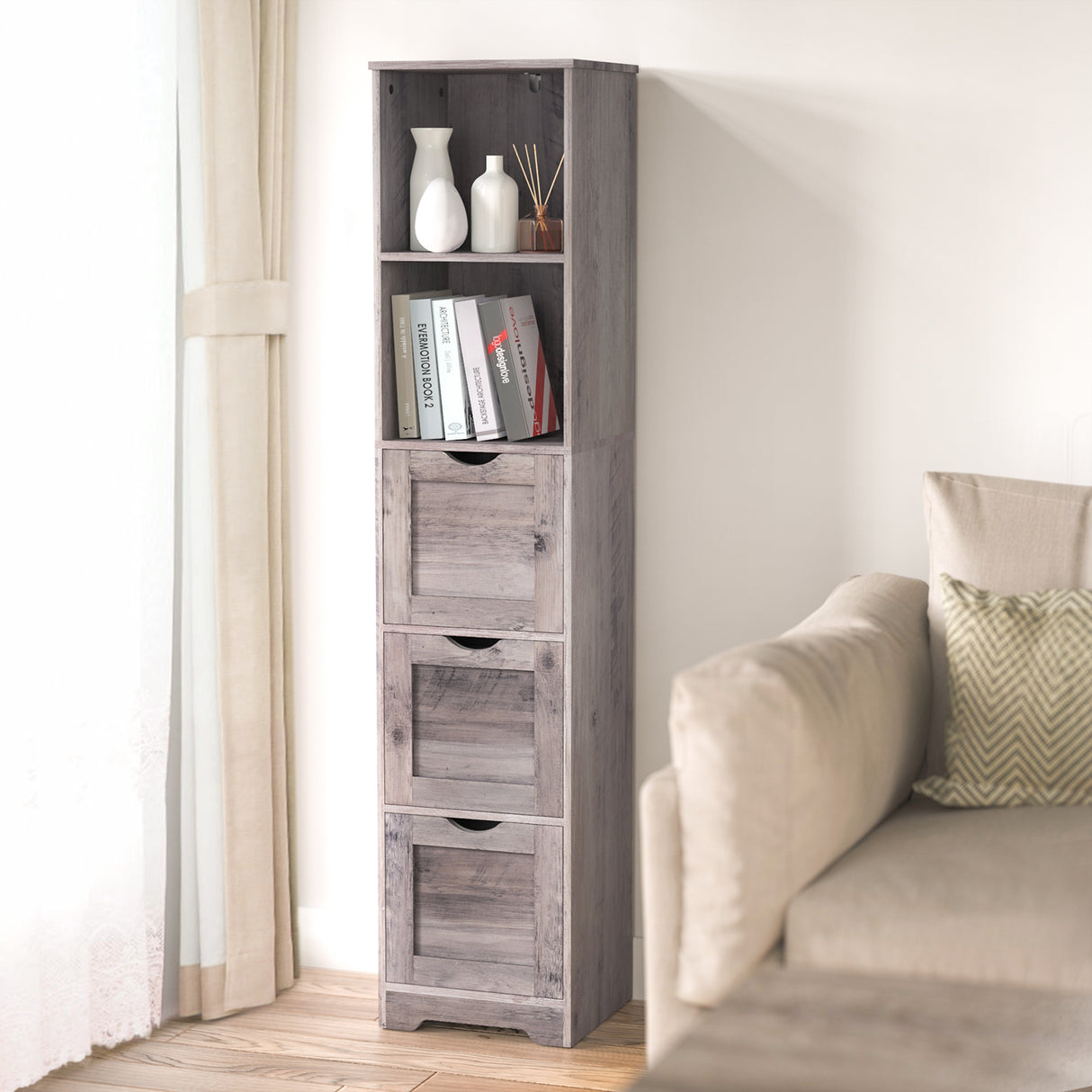 Bathroom Floor Cabinet with 3 Drawers 2 Shelves, Tall Narrow Bathroom Kitchen Pantry Storage Cabinet with Open Compartment Grey - V.I.P Digital Presence