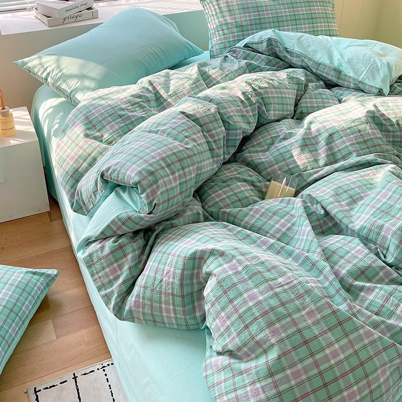 Juego de ropa de cama de algodón lavado teñido de algodón puro de clase A, sábana plana, funda de edredón, sábana ajustable, funda de edredón, juego de tres piezas a rayas