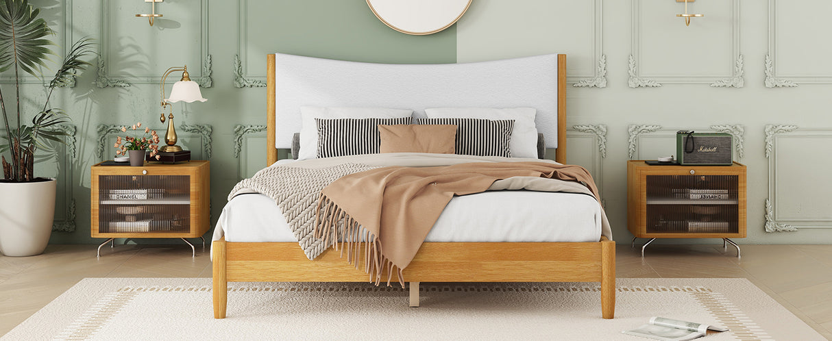 Queen Size Rubber Wooden , Solid Wooden Bed with Teddy Velvet Cushion Upholstered Headboard, Enhanced by Support Feet - V.I.P Digital Presence