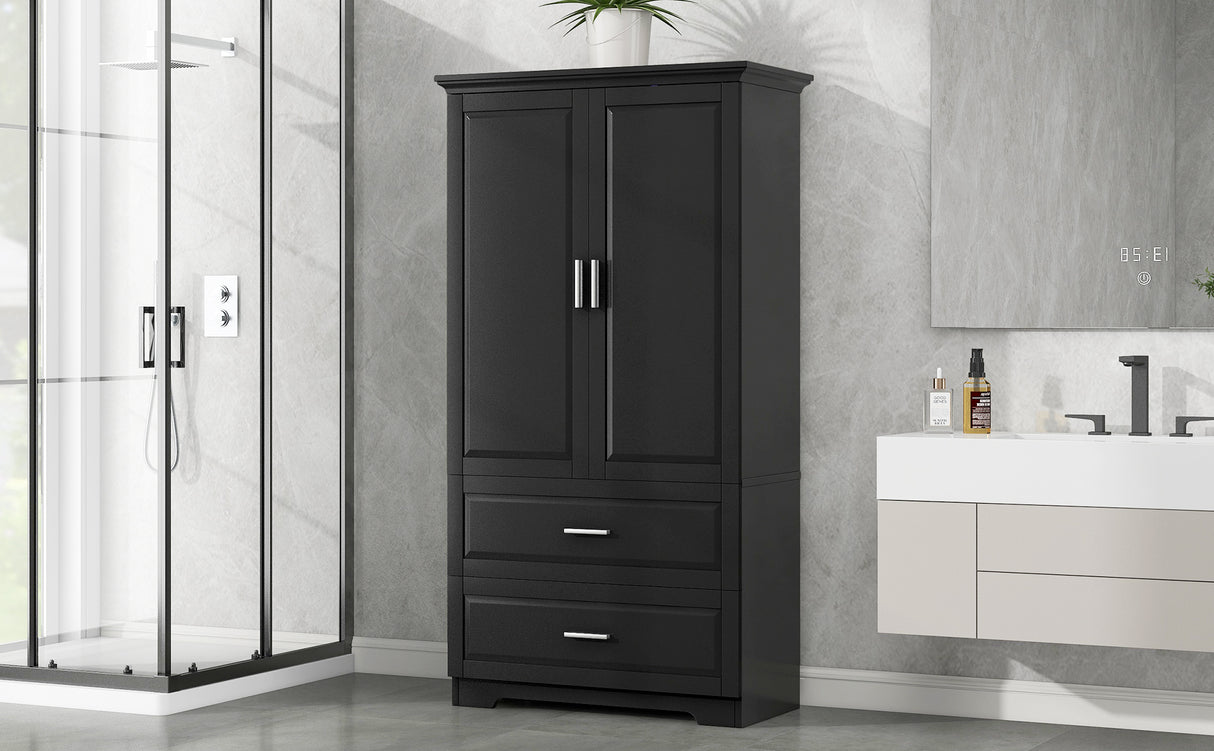 Tall Bathroom Storage Cabinet, Cabinet with Two Doors and Drawers, Adjustable Shelf, MDF Board, Black - V.I.P Digital Presence