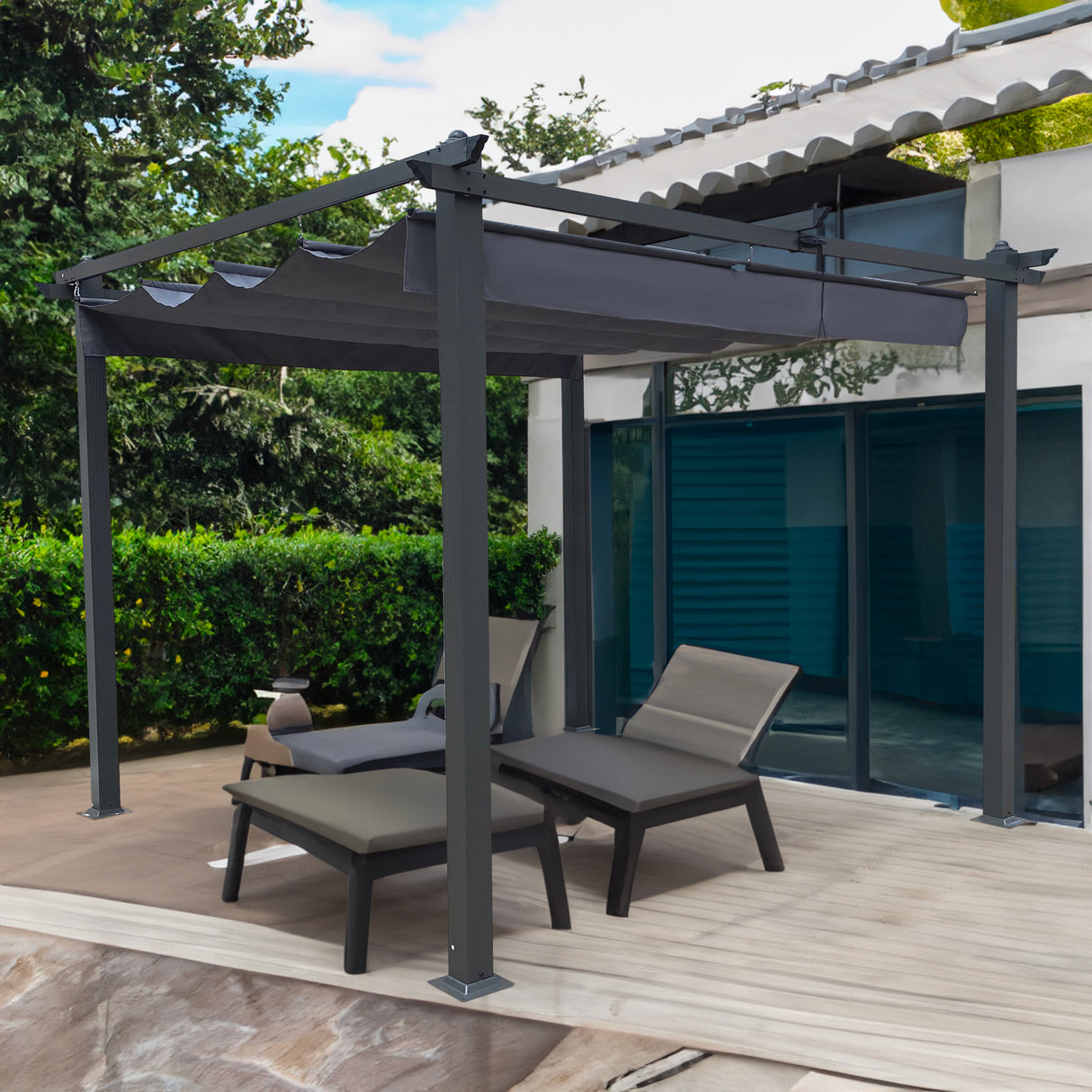 10x10 Ft Outdoor Patio Retractable Pergola With Canopy Sunshelter Pergola for Gardens,Terraces,Backyard,Gray - V.I.P Digital Presence