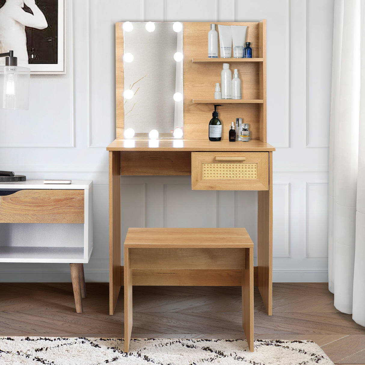 Vanity Desk Set Stool & Dressing Table with LED Lighting Mirror Drawer and Wood Cosmetic Table Chest of Drawers Nature Color - V.I.P Digital Presence