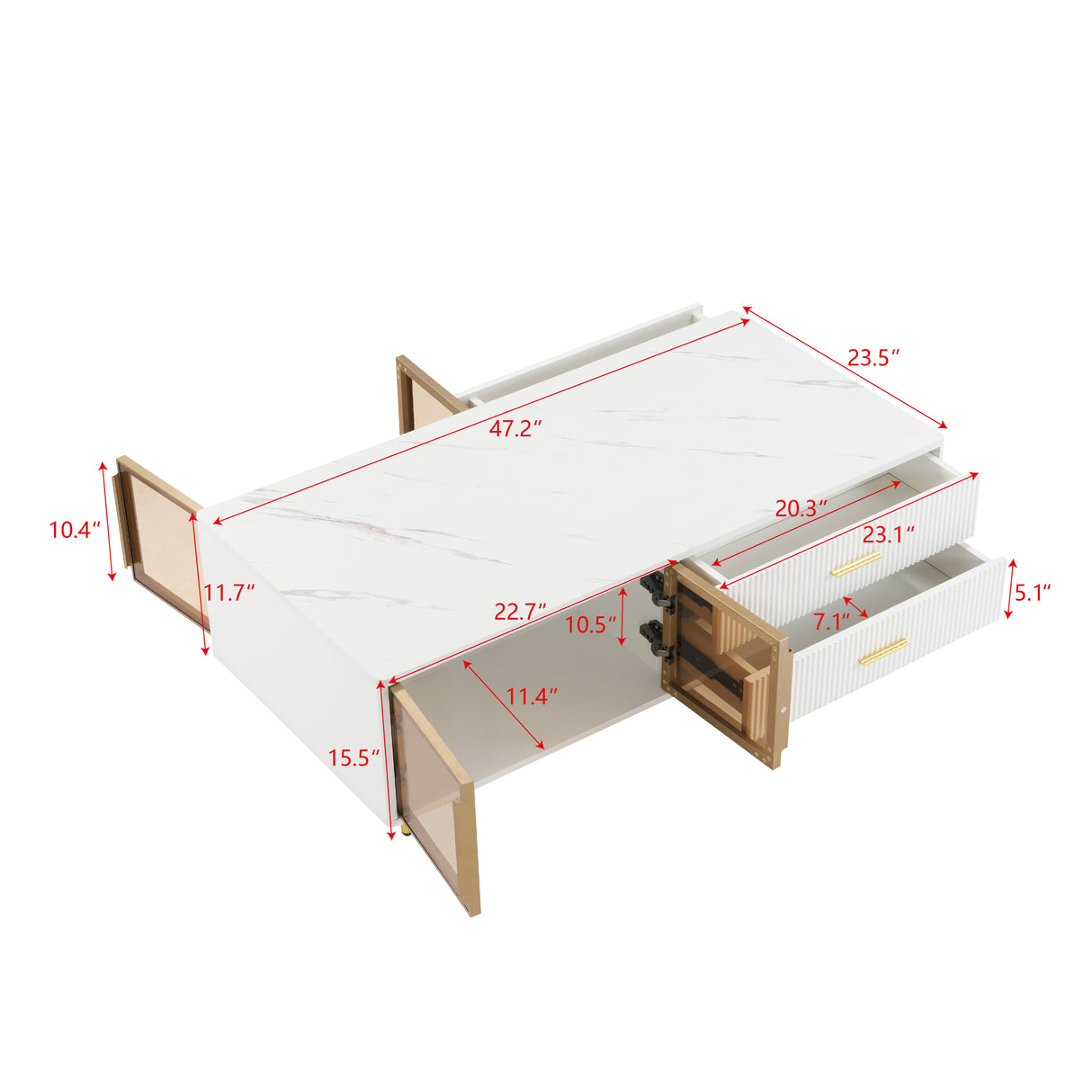 Modern White Coffee Table with 2 Glass Door Storage, 4 Drawers, Gold Metal Legs, and Multi-Color Lighting in 47.2' - V.I.P Digital Presence