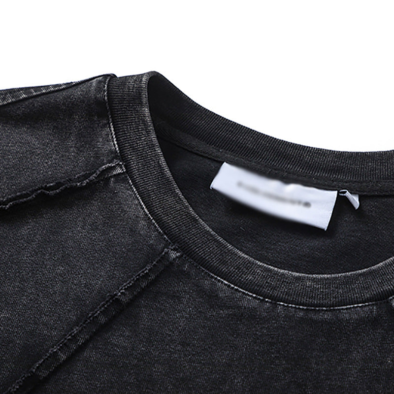 Spliced Raw Edge Short Sleeve T-Shirt Unique Design Hip Hop Men's Washed Vintage Casual Tee - V.I.P Digital Presence