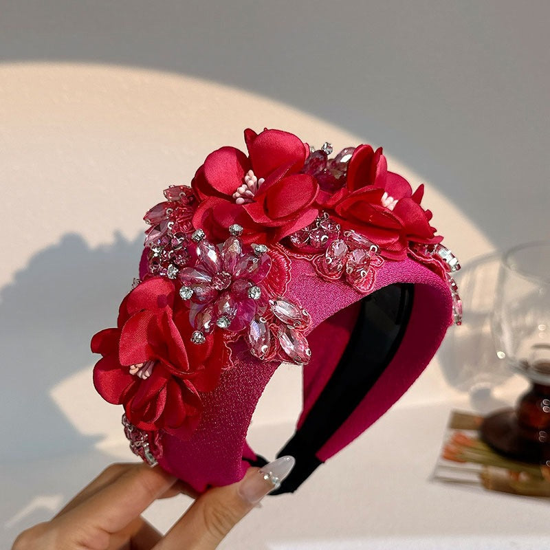 Fashionable solid color fabric flower oversized wide edged crystal headband - V.I.P Digital Presence