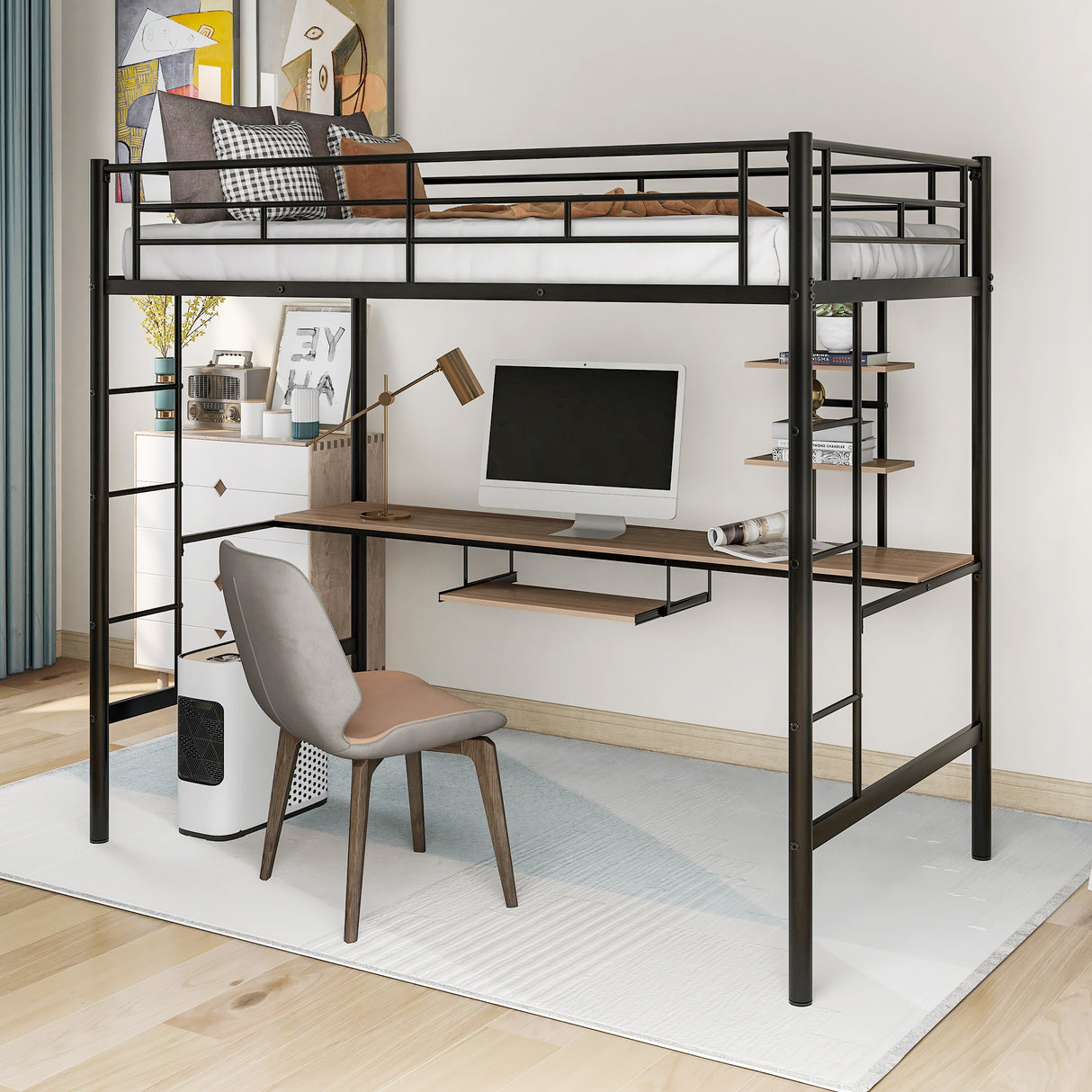 Loft Bed with Desk and Shelf Space Saving Design Twin