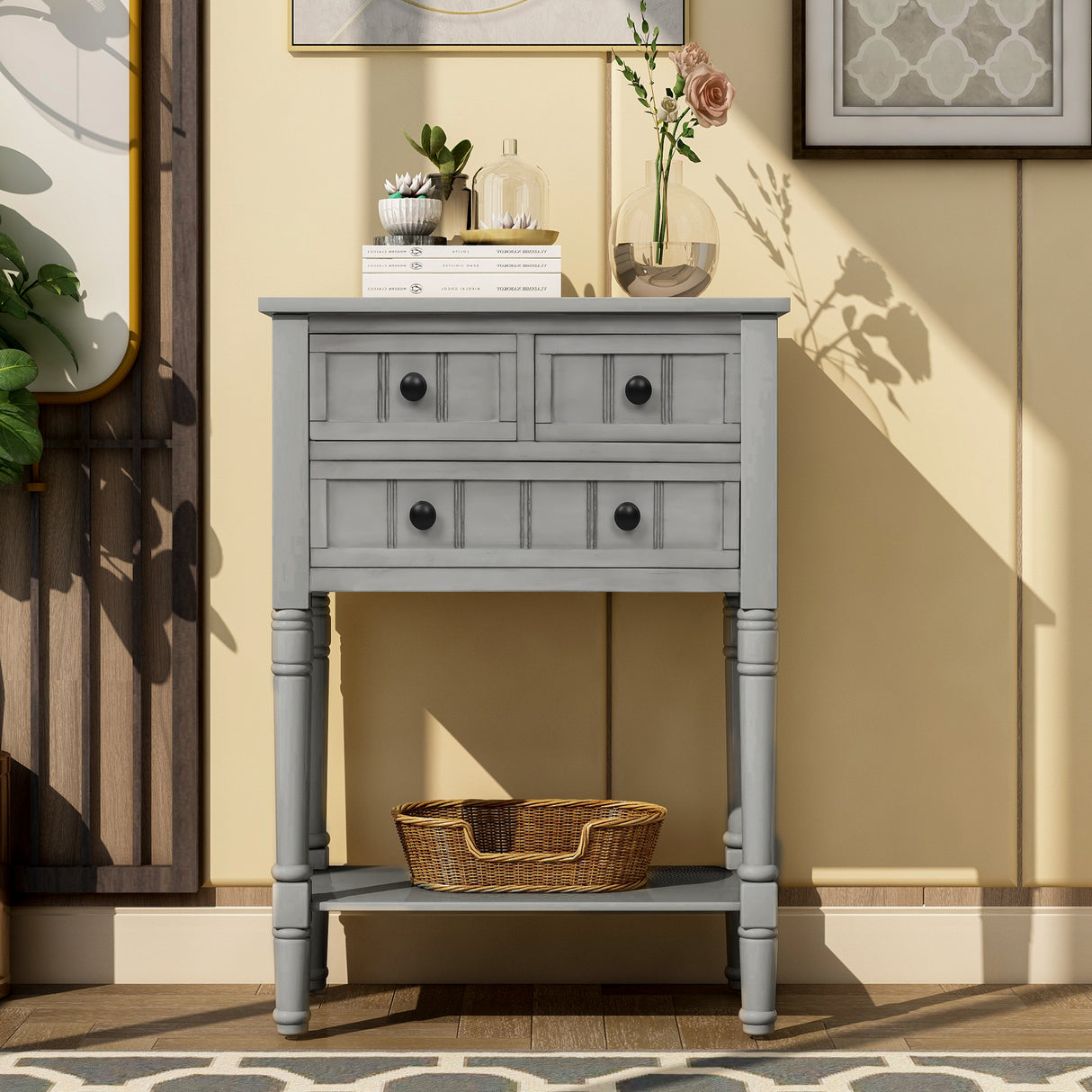 TREXM Narrow Console Desk, Thin Sofa Table with Three Storage Drawers and Living Room Bottom Shelves (Grey Washed) - V.I.P Digital Presence