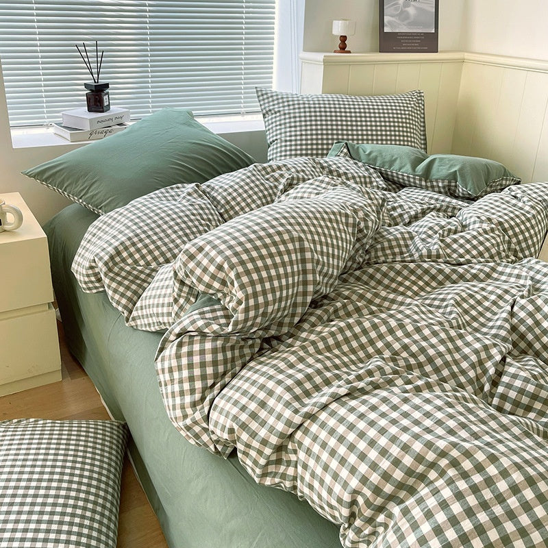 Juego de ropa de cama de algodón lavado teñido de algodón puro de clase A, sábana plana, funda de edredón, sábana ajustable, funda de edredón, juego de tres piezas a rayas