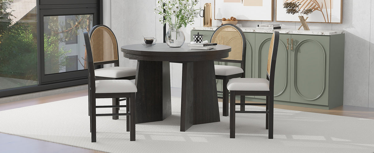 TREXM 5-piece retro functional cutlery set with 1 expandable dining table and 4 cushioned chairs with rattan backrests (espresso - V.I.P Digital Presence