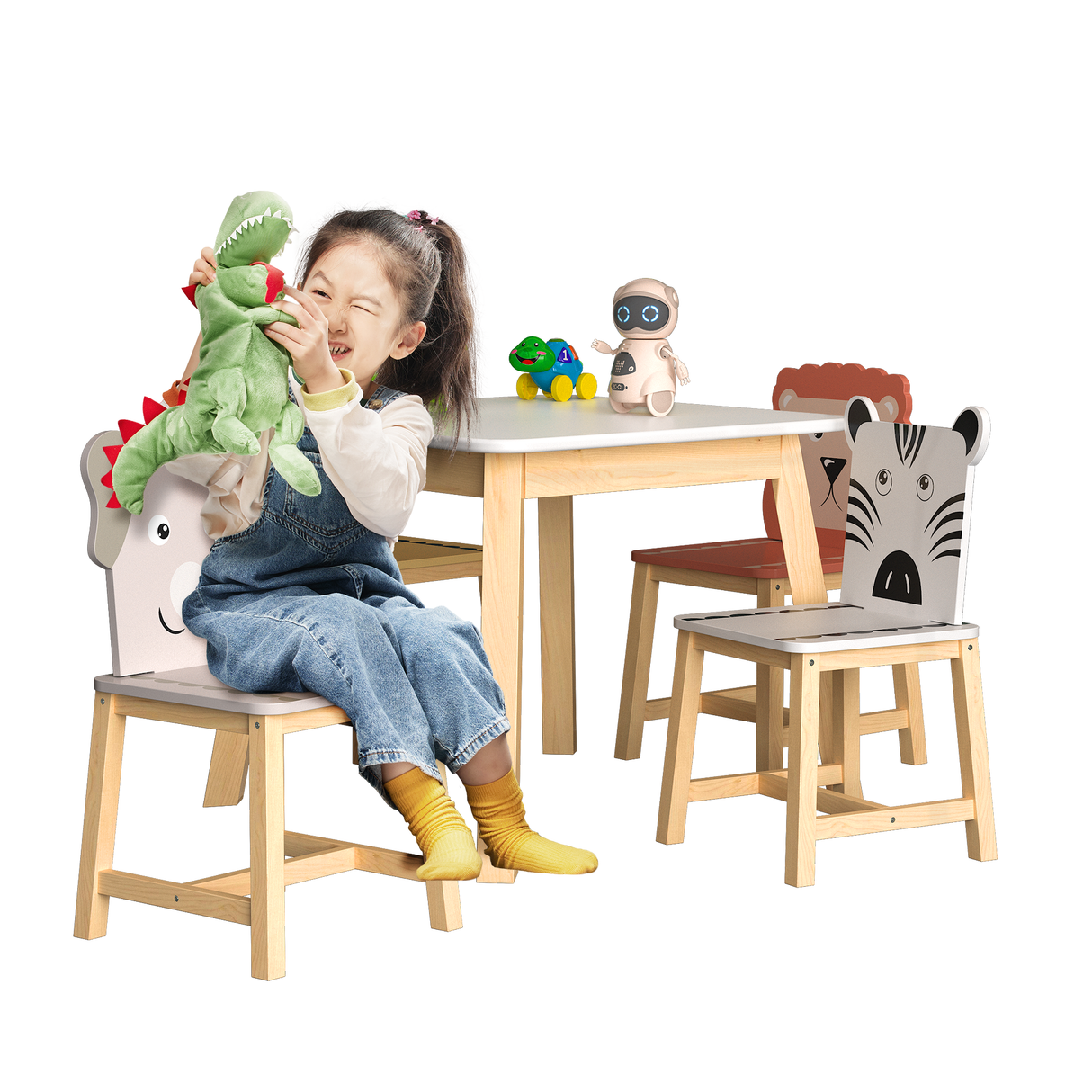 5 Piece Kiddy Table and Chair Set Kids Wood Table with 4 Chairs Set Cartoon Animals (bigger table) (3-8 years old) - V.I.P Digital Presence