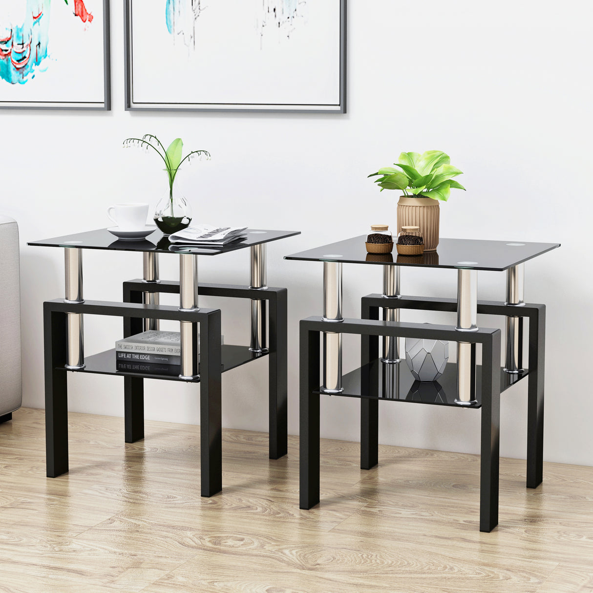 Set of 2, Modern Tempered Glass Tea Table Coffee Table End Table, Square Table for Living Room, Black - V.I.P Digital Presence