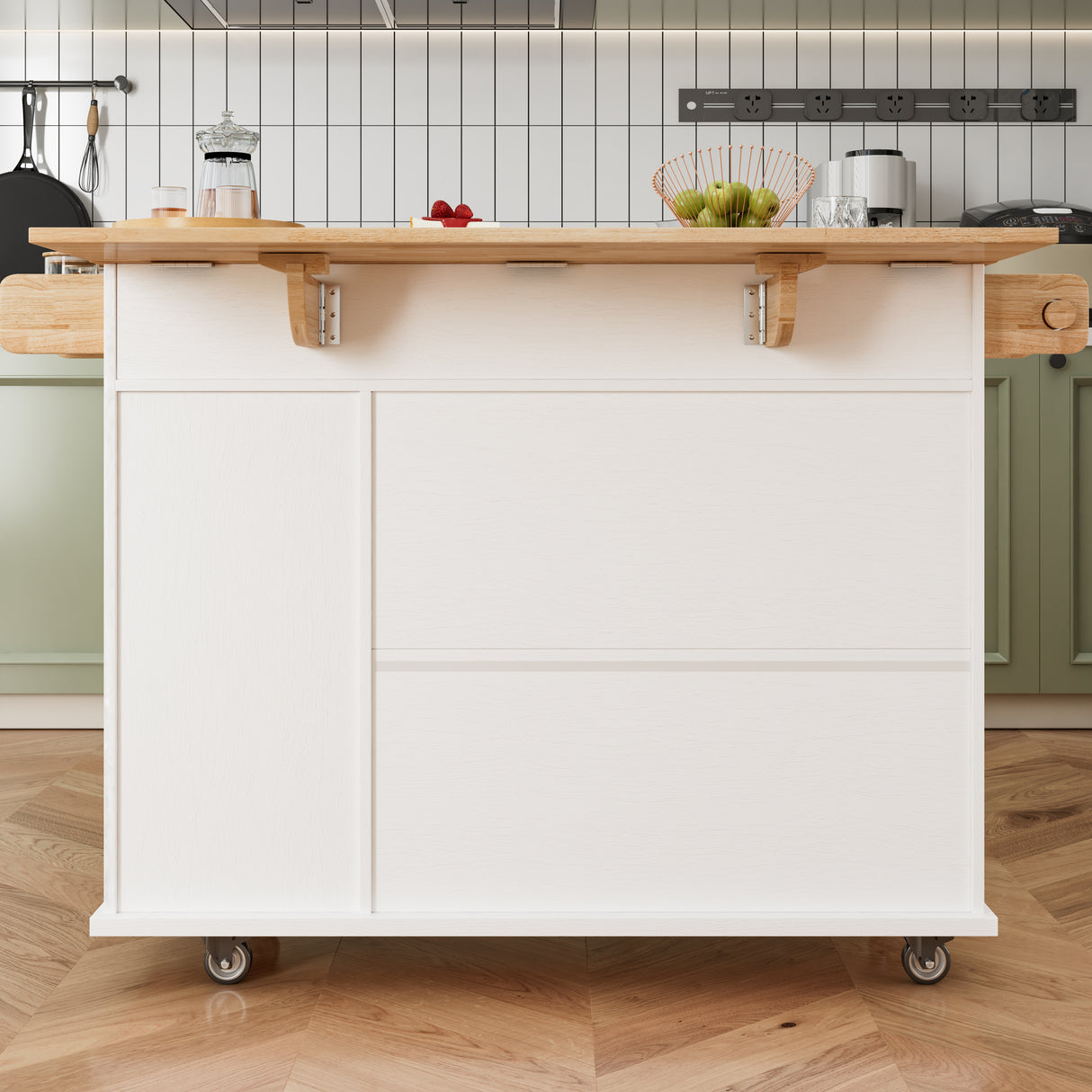 44 Inch Kitchen Island Cart with Solid Wood Top, Wine Storage, Spice Rack, Towel Rack, Wine Glass Holder White & Oak - V.I.P Digital Presence