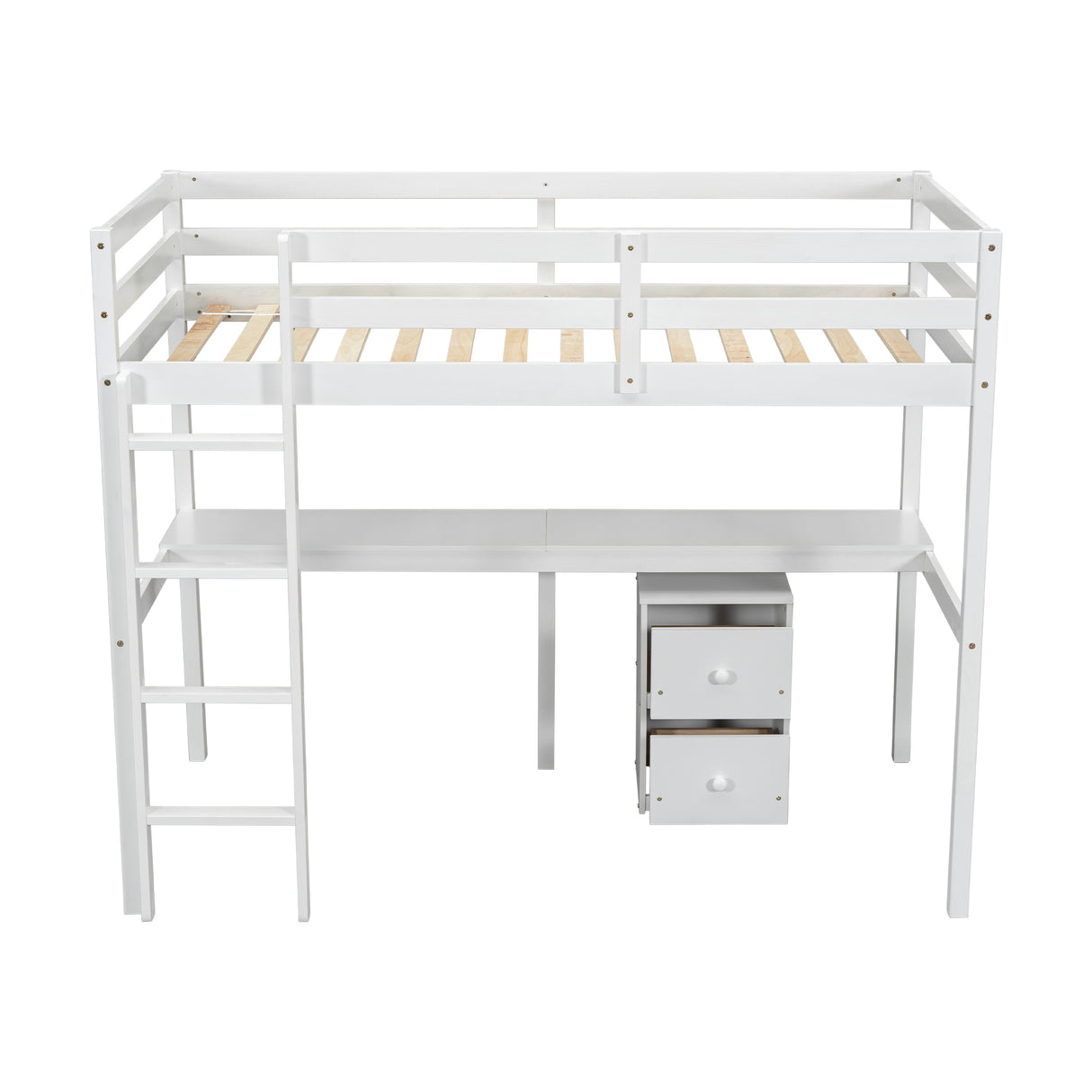 Twin Loft Wood Bed with Under-bed, Built-in Desk, a Storage Cabinet of 2 Drawers, Guardrails, Ladder,White - V.I.P Digital Presence