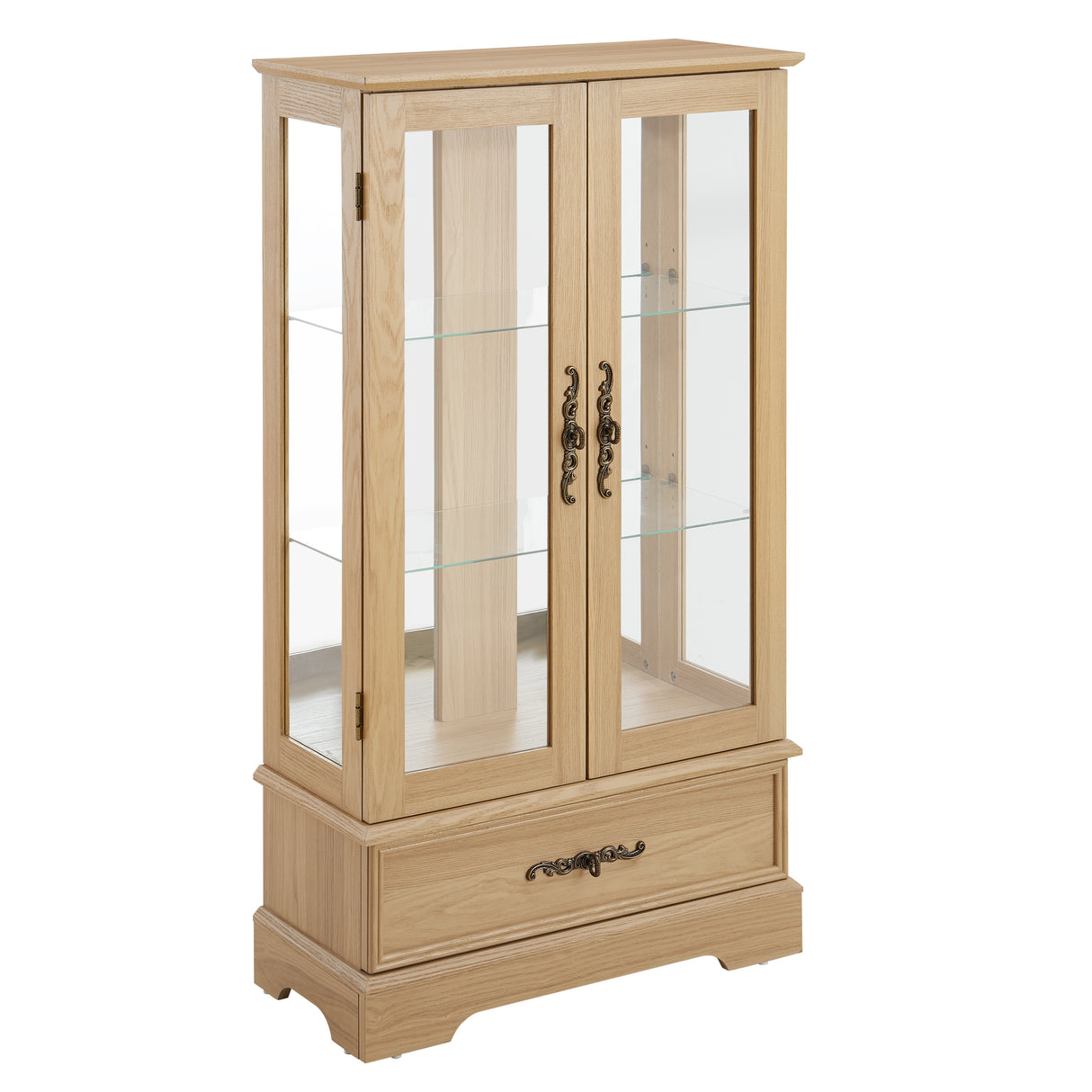 Light colored glass cabinet with adjustable glass frame, including cabinet light bulbs OAK with 2 doors and 1 drawer - V.I.P Digital Presence