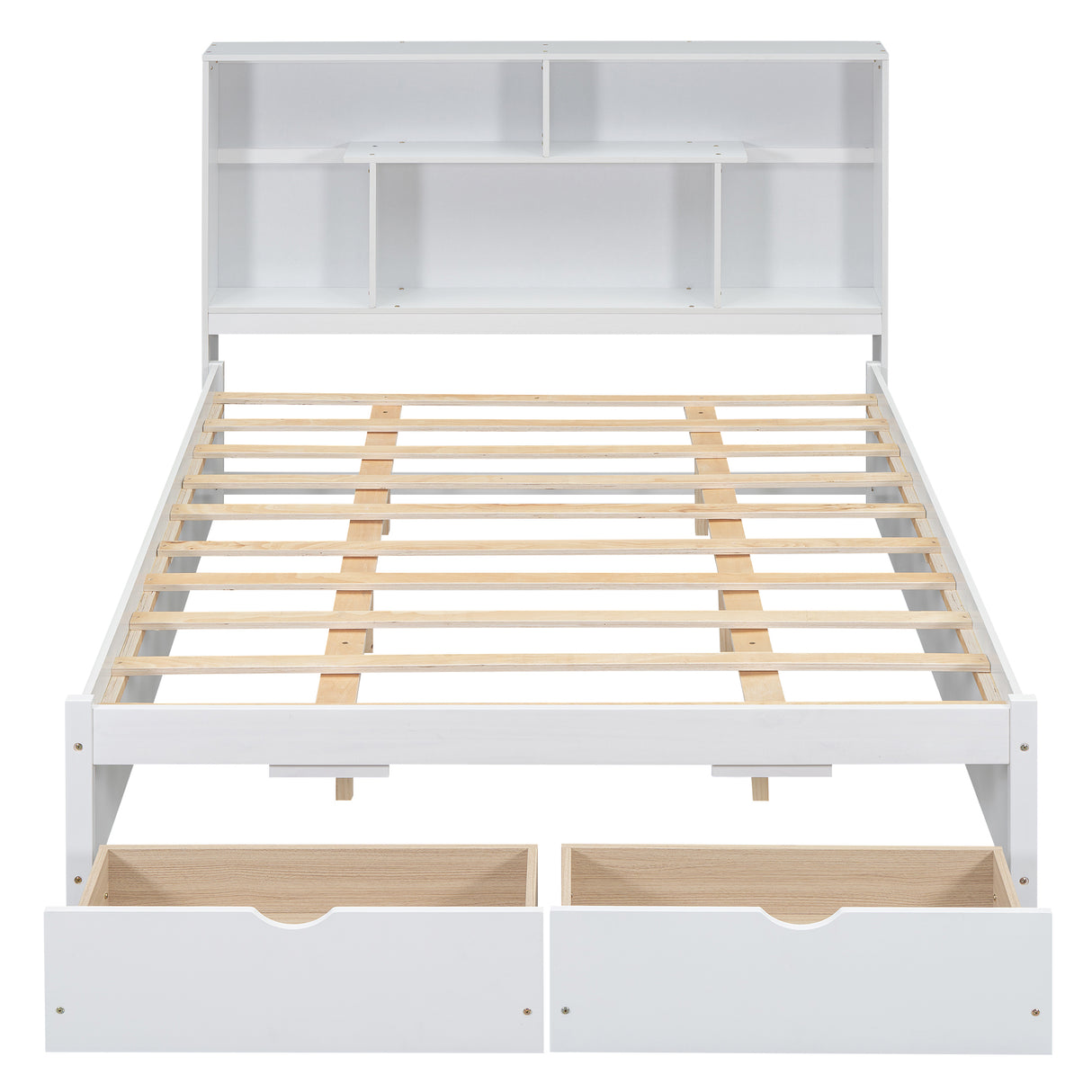 Queen Size Platform Bed with Storage Headboard and 2 Drawers, White - V.I.P Digital Presence