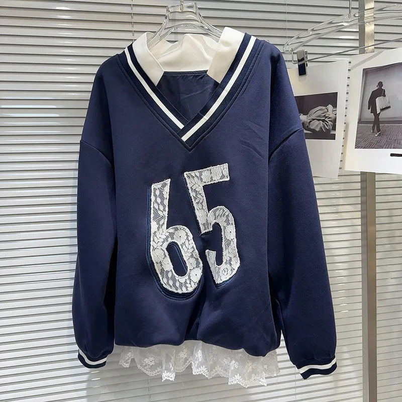 Autumn New Fashion Women's Set V-neck Digital Pattern Embroidered Hoodie Elastic Waist Lace Edge Shorts - V.I.P Digital Presence