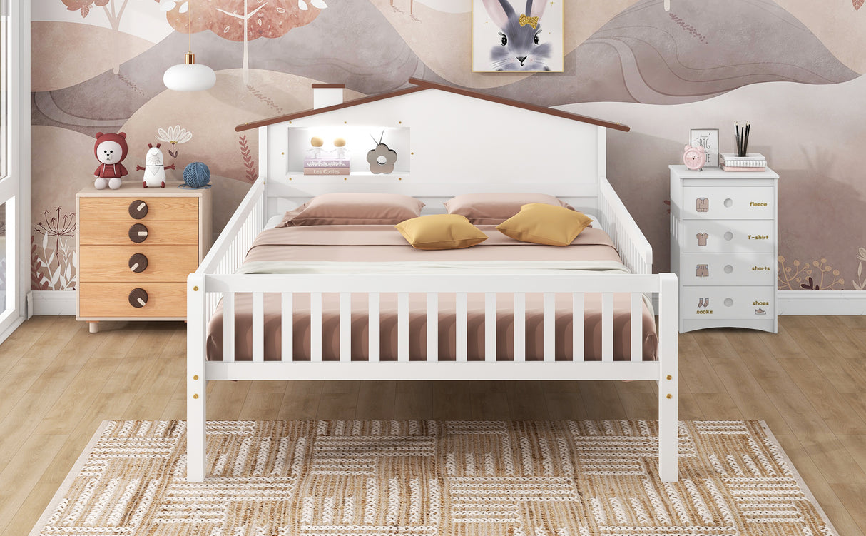 Full Size Wood Platform Bed with House-shaped Headboard, LED and Built-in Storage, White - V.I.P Digital Presence
