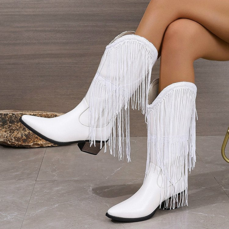 Women Vintage Chunky Heel Wrinkled Slip-on V-Opening Western Cowboy Boots - V.I.P Digital Presence
