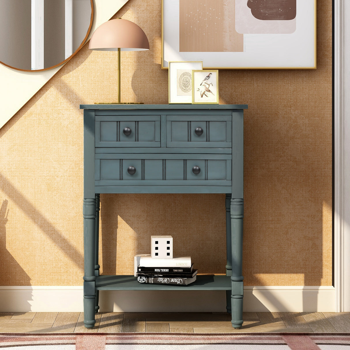 TREXM Narrow Console Table, Slim Sofa Table with Three Storage Drawers and Bottom Shelf for Living Room, Easy Assembly (Navy) - V.I.P Digital Presence
